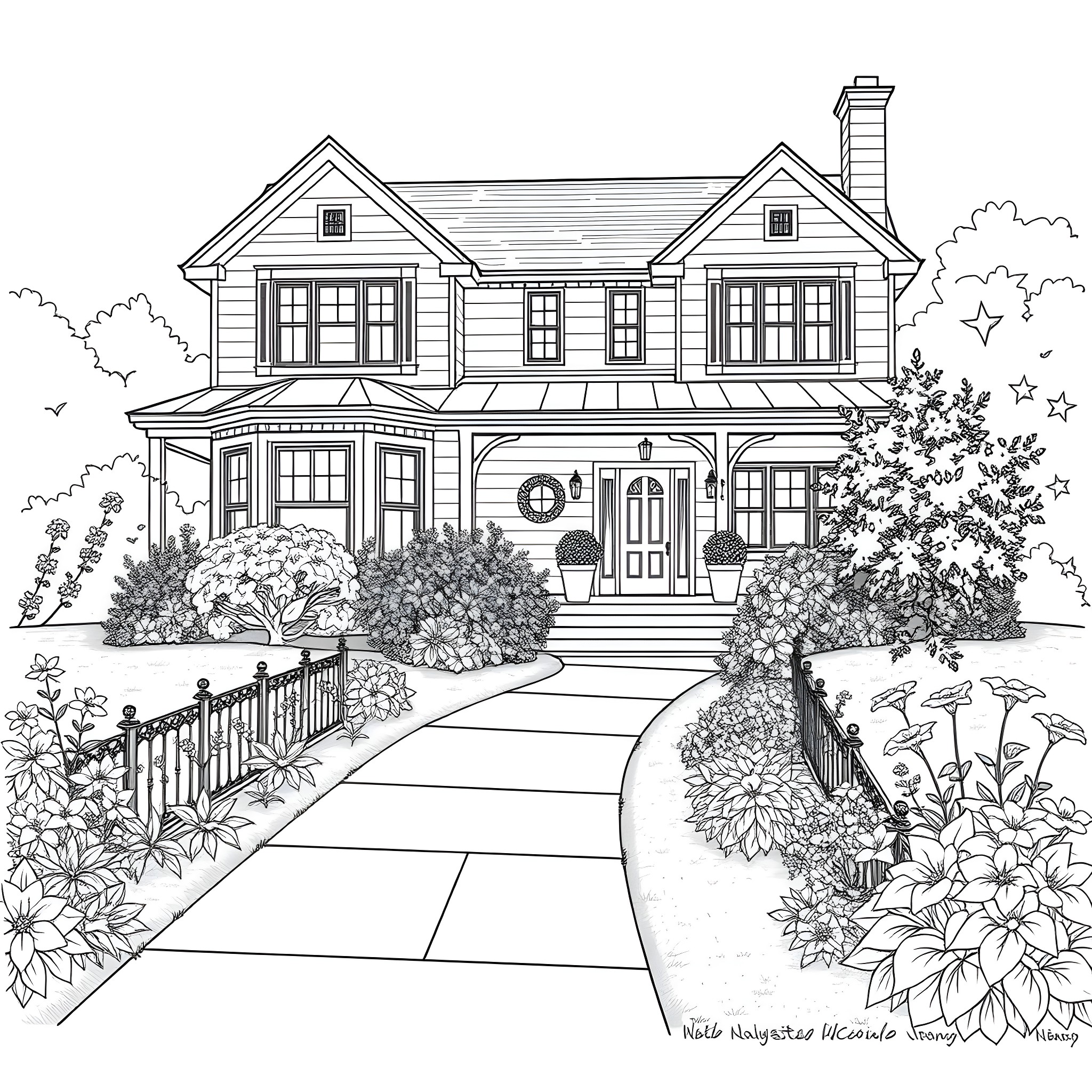 House with a cozy porch and lush garden Coloring Page (free black-and-white line drawing printable PDF for all, from beginners to advanced learners, including children, teens, adults, and seniors)