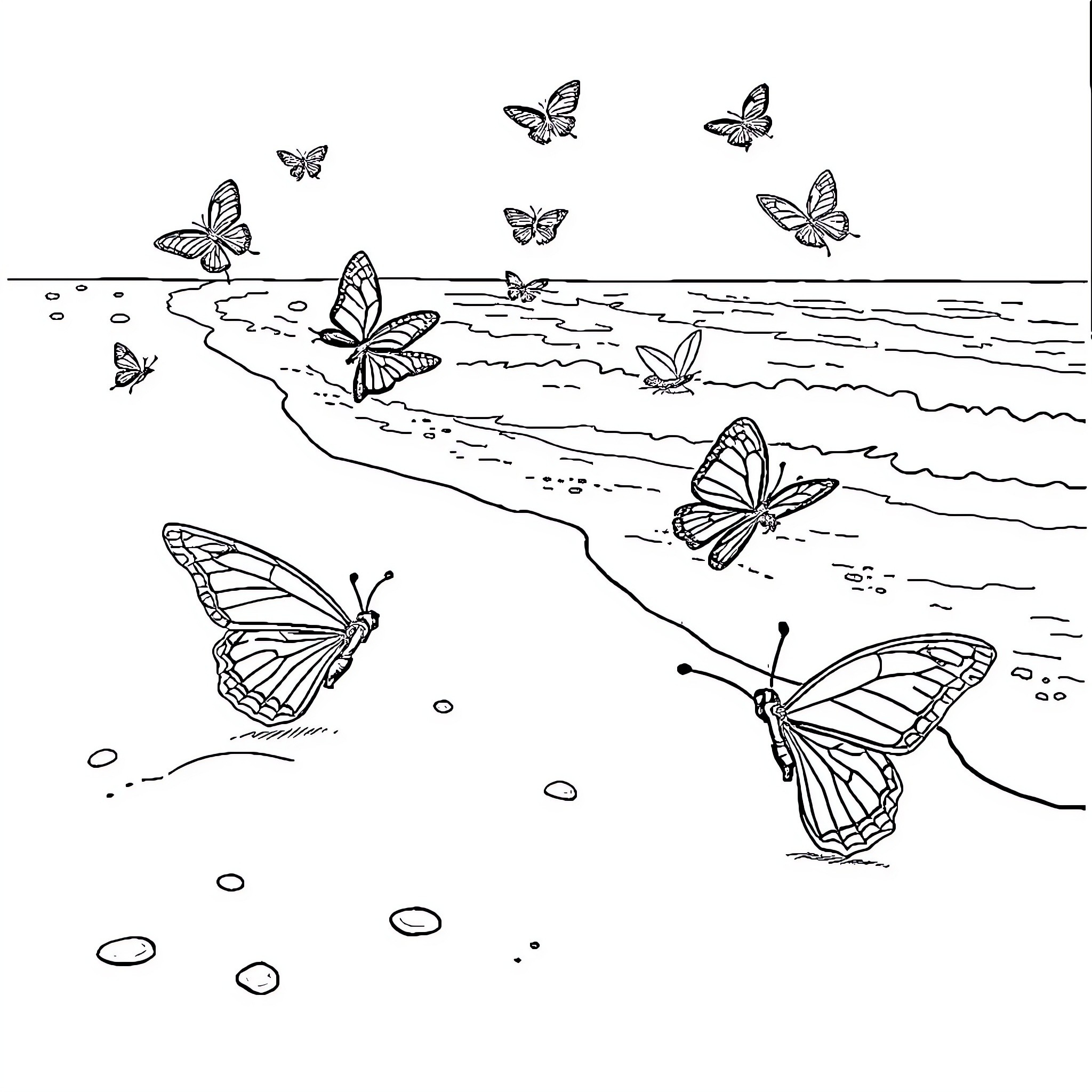 Butterfly migration along the shoreline Coloring Page (free black-and-white line drawing printable PDF for all, from beginners to advanced learners, including children, teens, adults, and seniors)