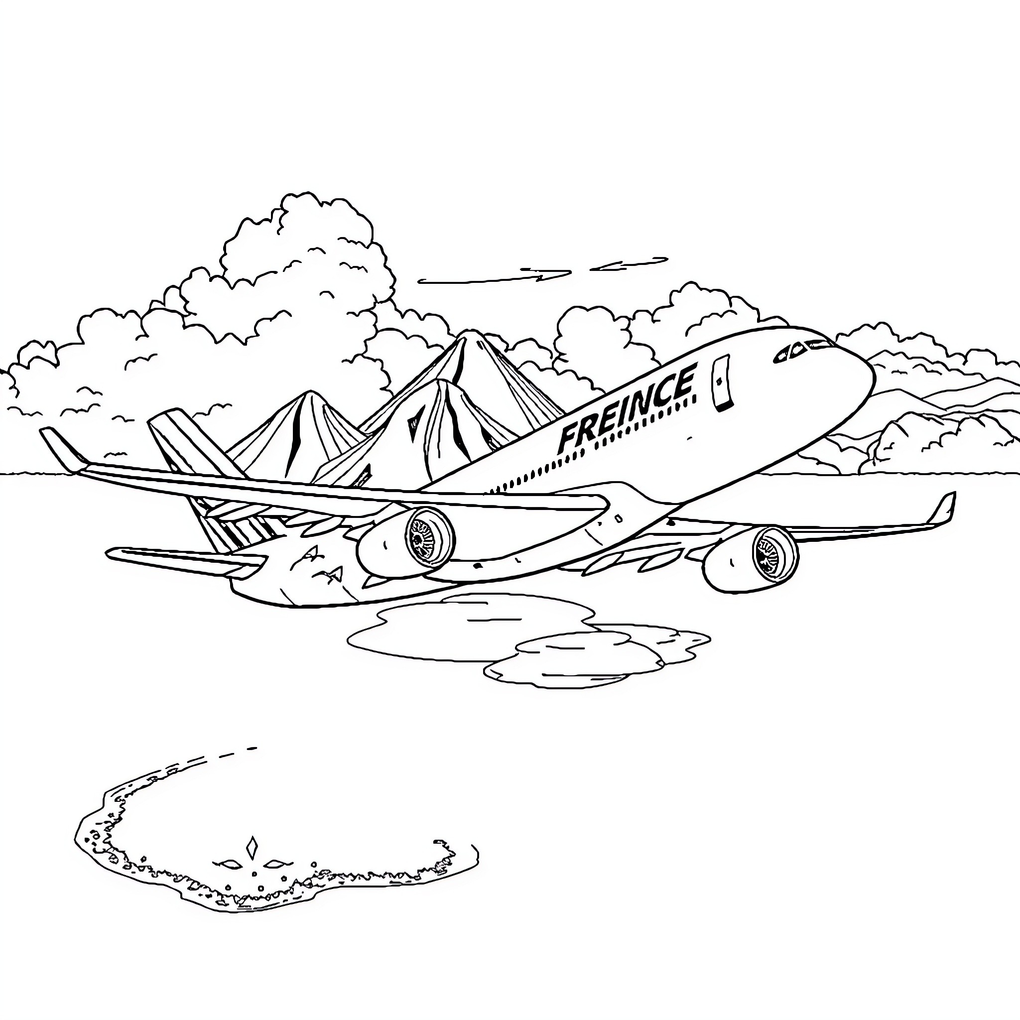 Airplane soaring over mountainous landscape Coloring Page (free black-and-white line drawing printable PDF for all, from beginners to advanced learners, including children, teens, adults, and seniors)