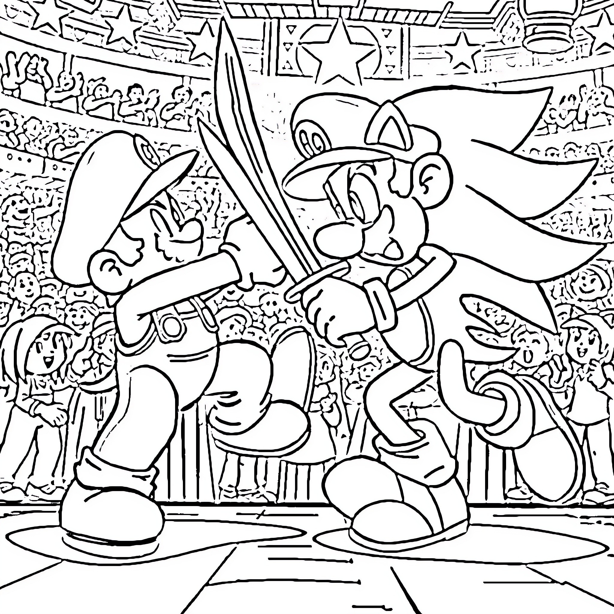 Mario's Heroic Adventure with Sword and Fans Coloring Page (free black-and-white line drawing printable PDF for all, from beginners to advanced learners, including children, teens, adults, and seniors)