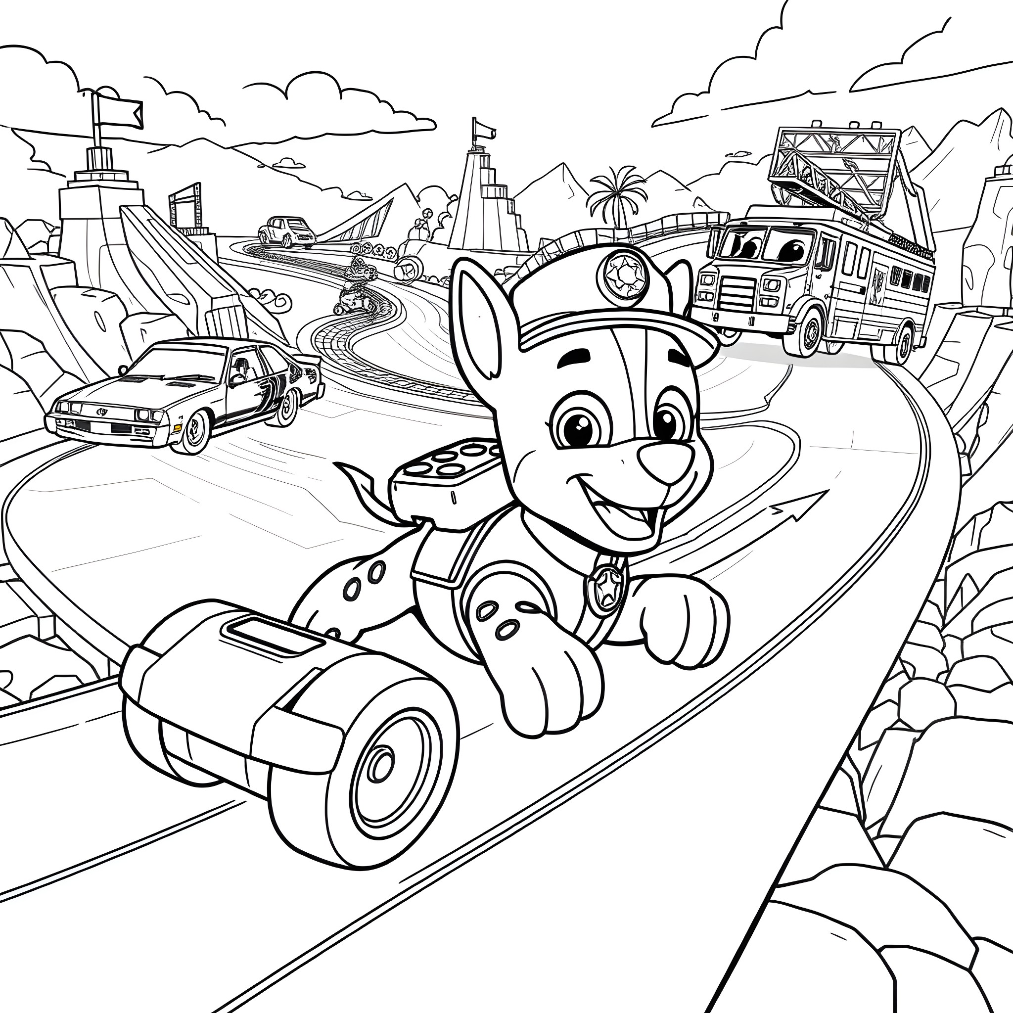 Marshall's Adventure Through the Animated Town Coloring Page (free black-and-white line drawing printable PDF for all, from beginners to advanced learners, including children, teens, adults, and seniors)