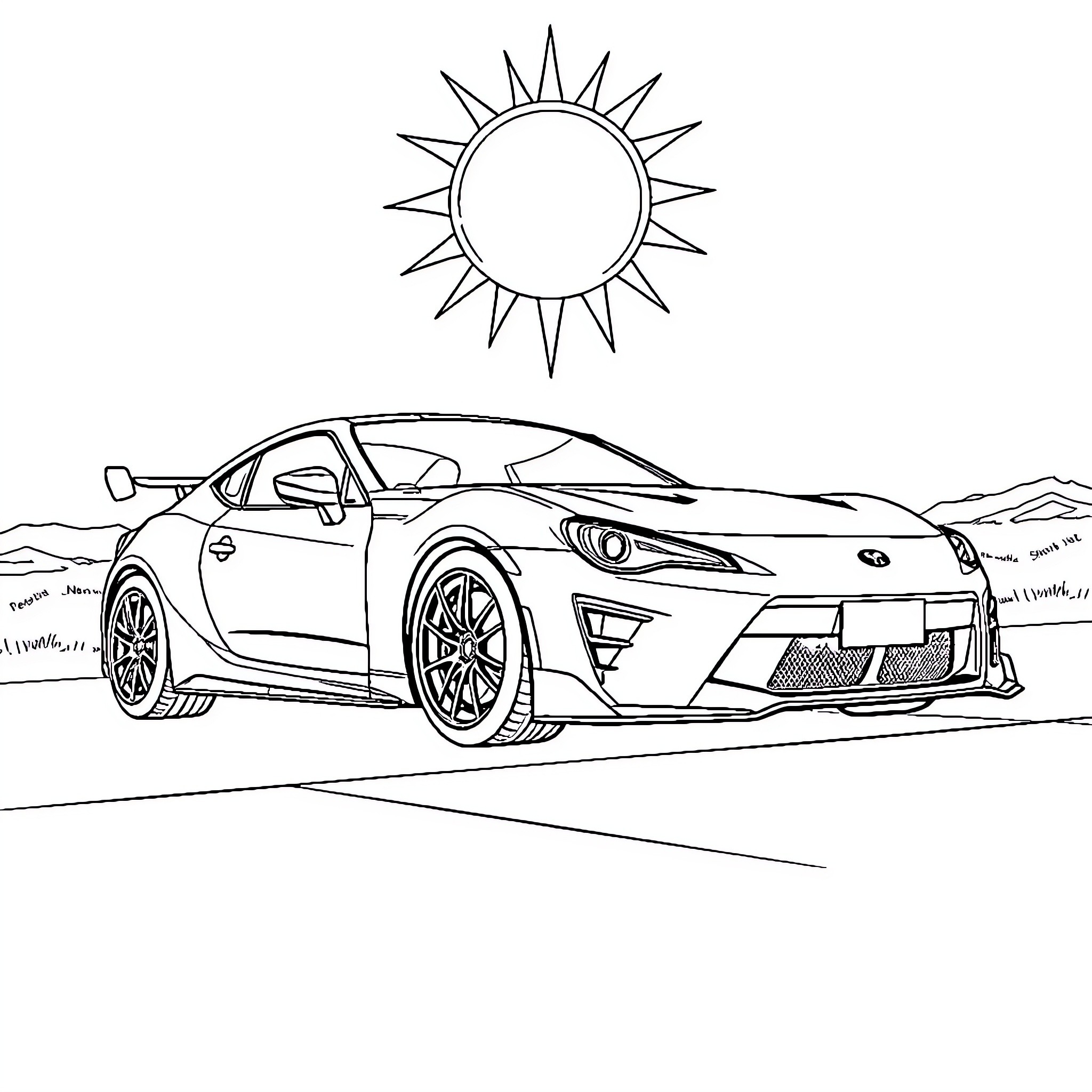 Gr86 sports car under the sun Coloring Page (free black-and-white line drawing printable PDF for all, from beginners to advanced learners, including children, teens, adults, and seniors)