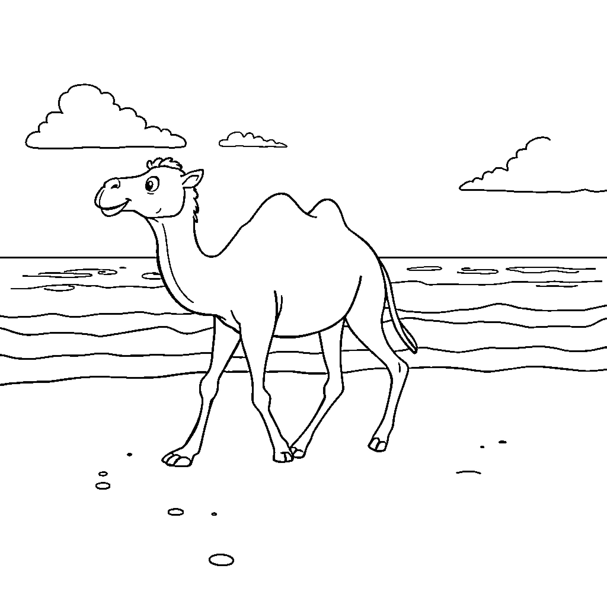 Camel strolling along the desert landscape Coloring Page (free black-and-white line drawing printable PDF for all, from beginners to advanced learners, including children, teens, adults, and seniors)