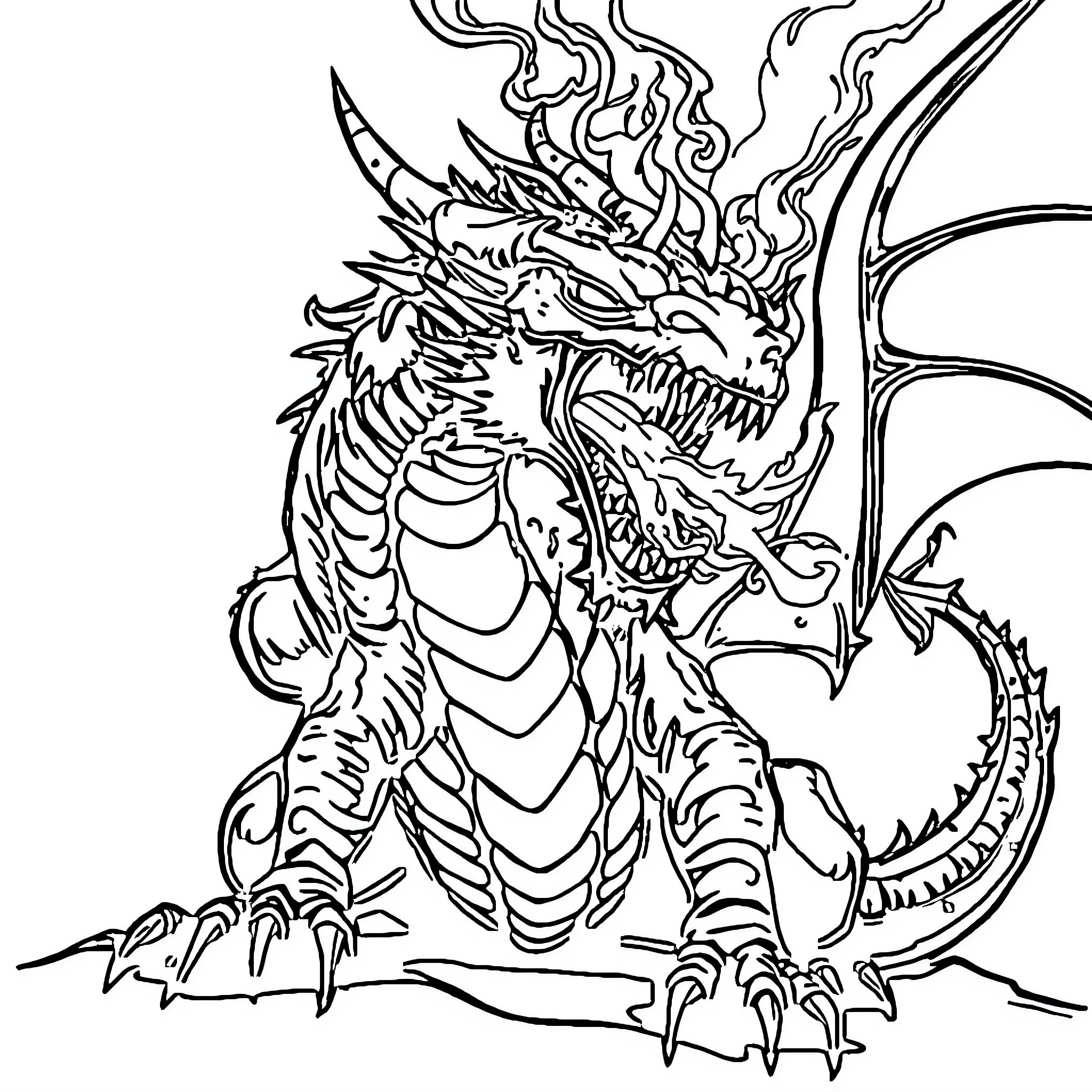 Dragon with fierce expression and battle-ready stance Coloring Page (free black-and-white line drawing printable PDF for all, from beginners to advanced learners, including children, teens, adults, and seniors)