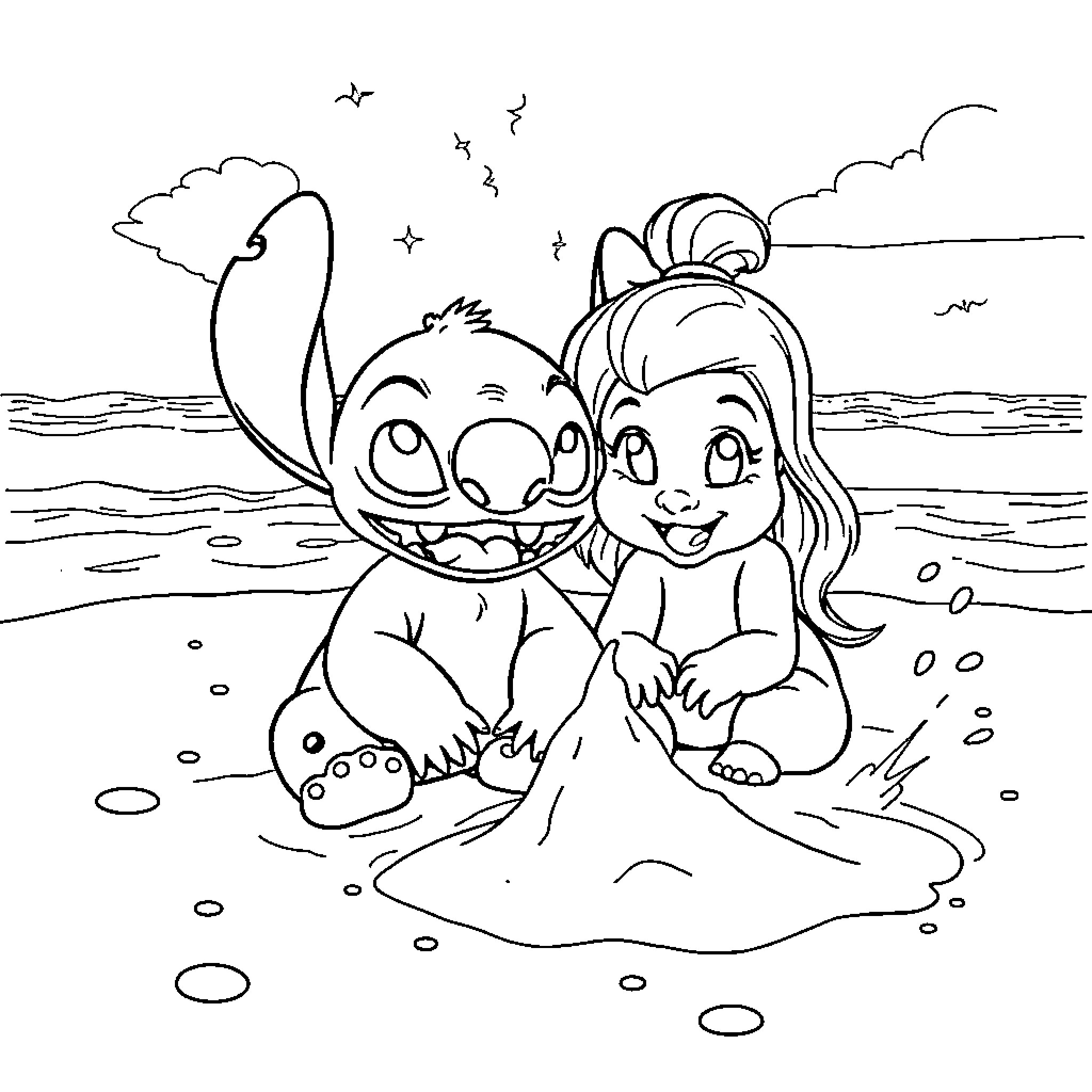 Stitch and girl playing together on the beach Coloring Page (free black-and-white line drawing printable PDF for all, from beginners to advanced learners, including children, teens, adults, and seniors)