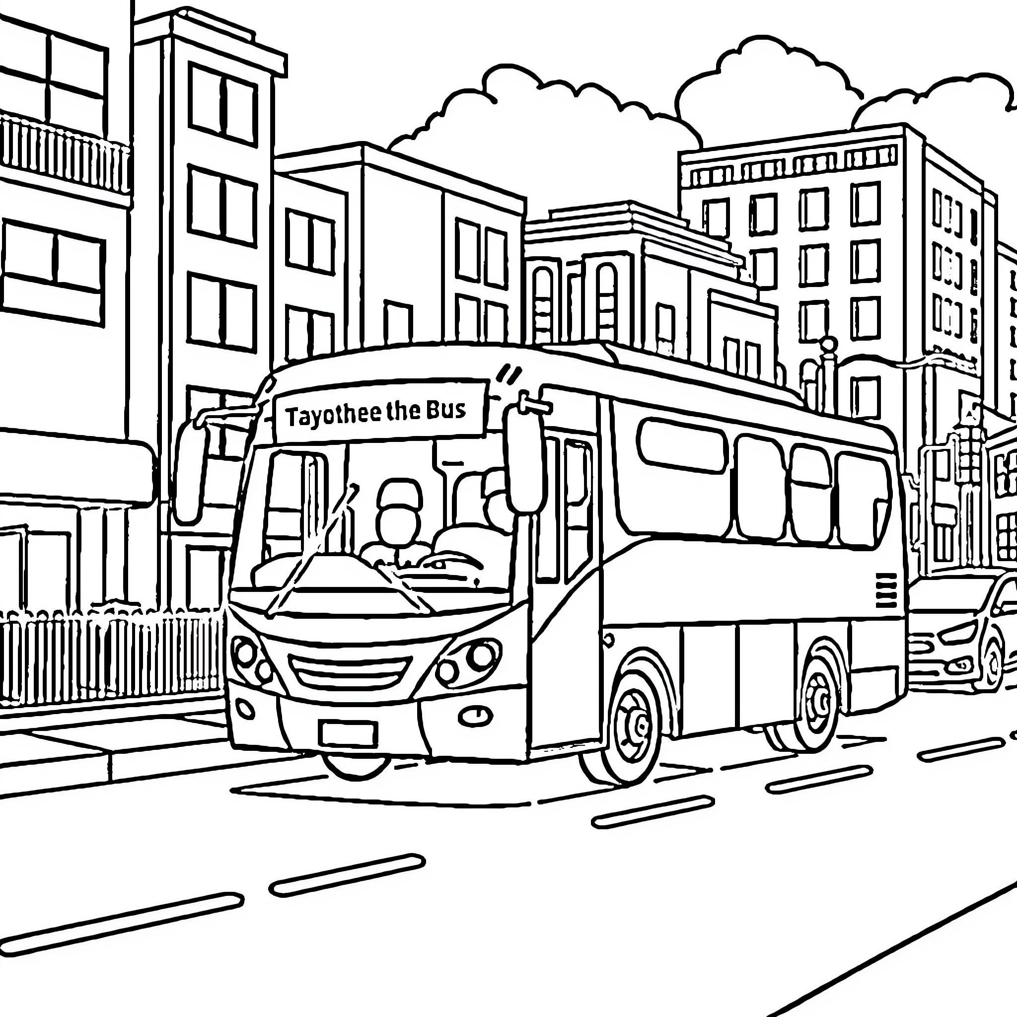 Bus driving through city streets Coloring Page (free black-and-white line drawing printable PDF for all, from beginners to advanced learners, including children, teens, adults, and seniors)