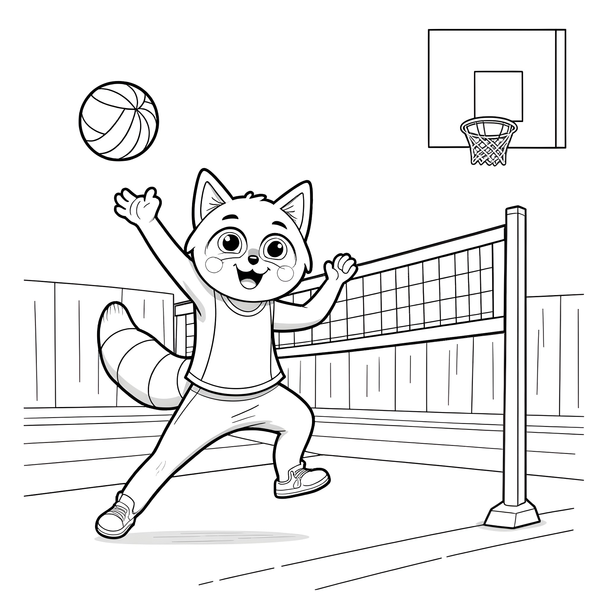 Panda playing volleyball happily on the court Coloring Page (free black-and-white line drawing printable PDF for all, from beginners to advanced learners, including children, teens, adults, and seniors)