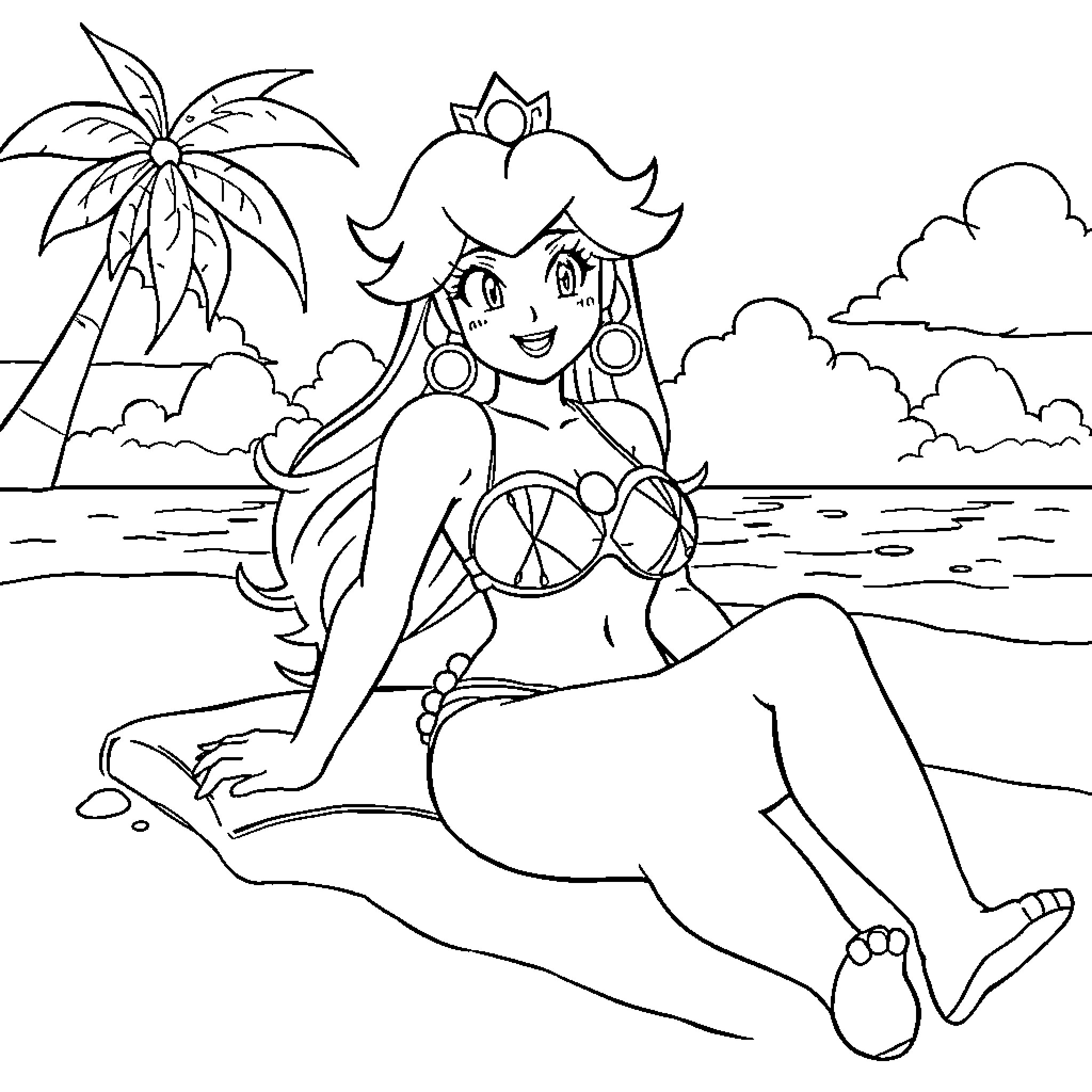 Princess relaxing on the beach Coloring Page (free black-and-white line drawing printable PDF for all, from beginners to advanced learners, including children, teens, adults, and seniors)