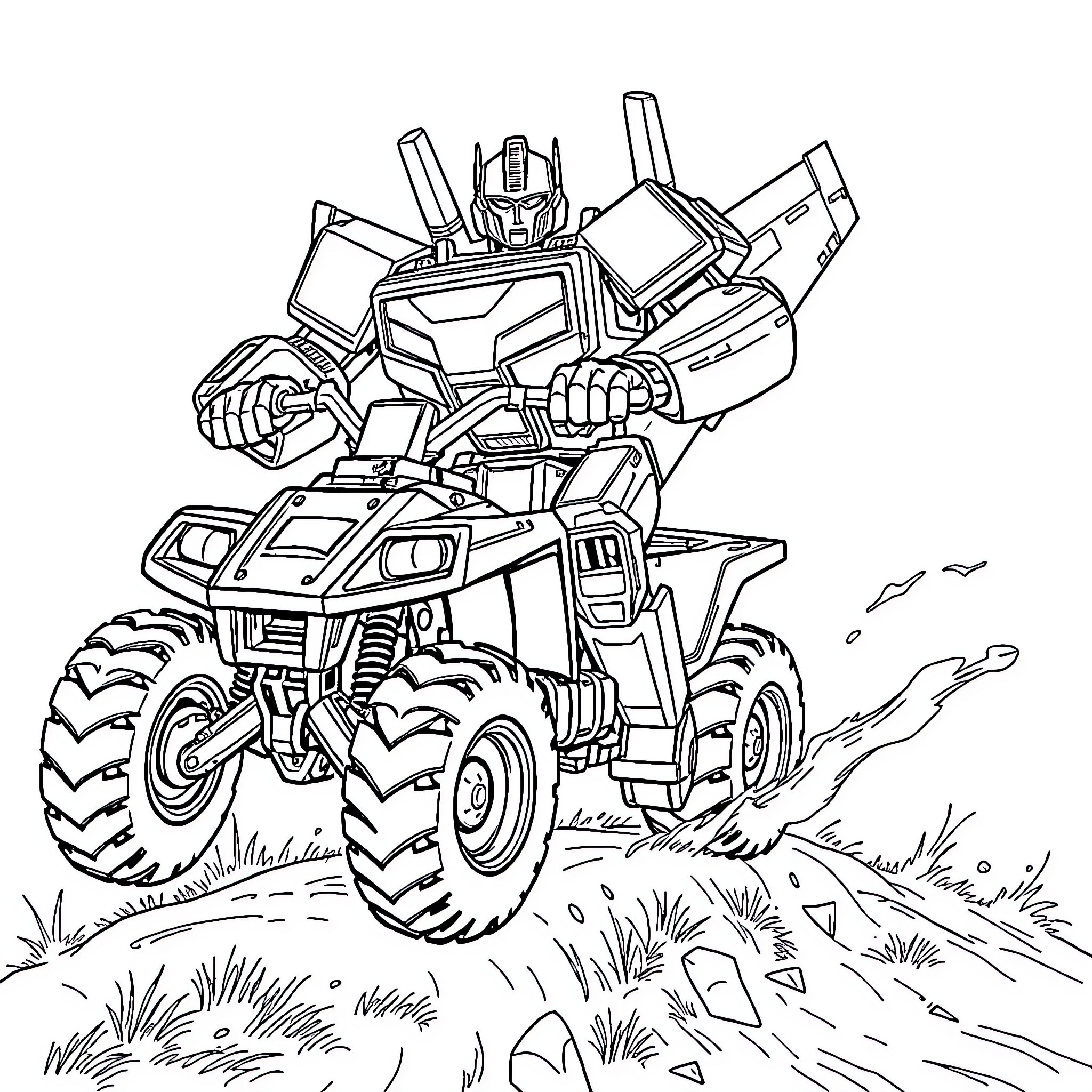 Transformer robot riding a rugged off-road vehicle Coloring Page (free black-and-white line drawing printable PDF for all, from beginners to advanced learners, including children, teens, adults, and seniors)