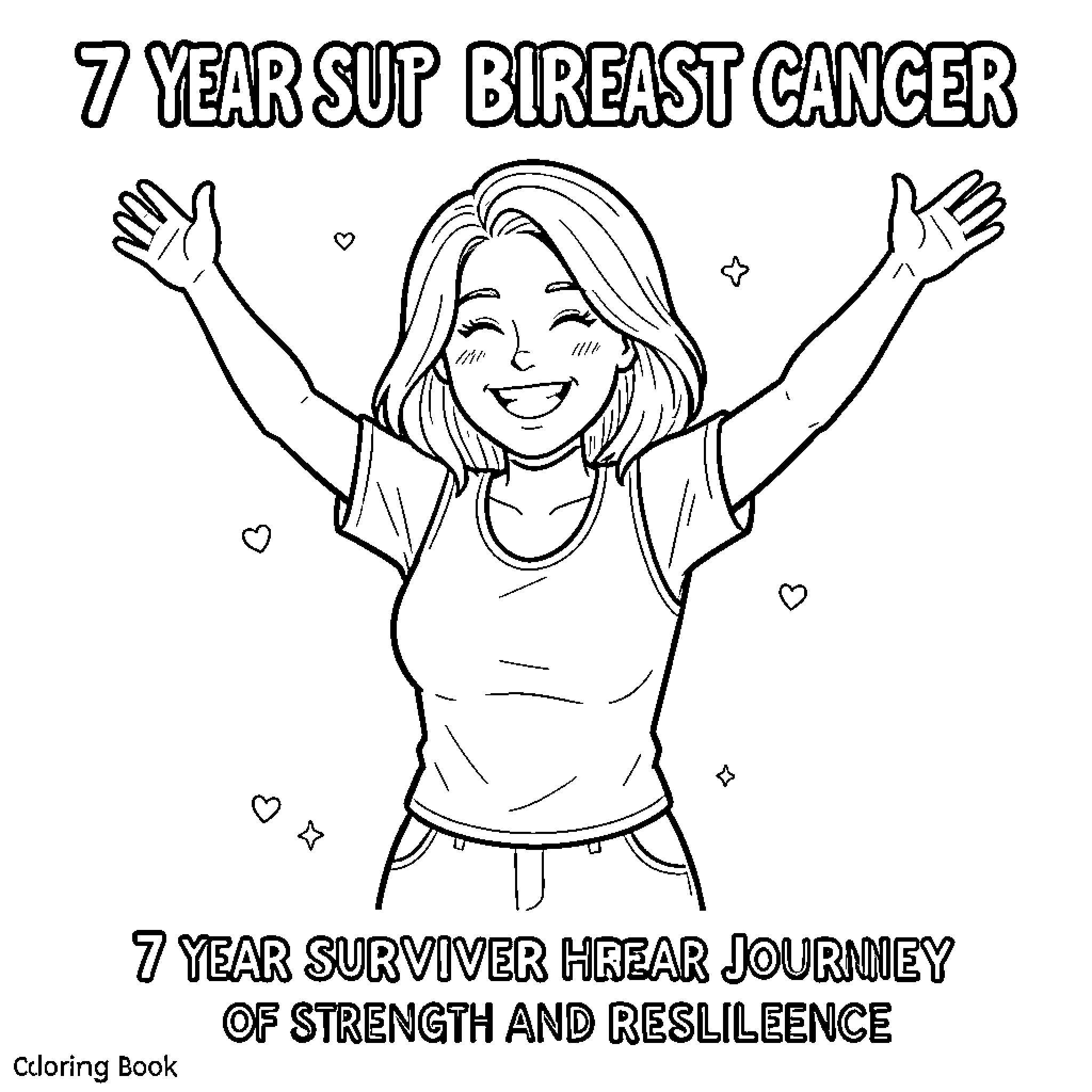 Breast Cancer Survivor celebrating with arms raised high Coloring Page (free black-and-white line drawing printable PDF for all, from beginners to advanced learners, including children, teens, adults, and seniors)