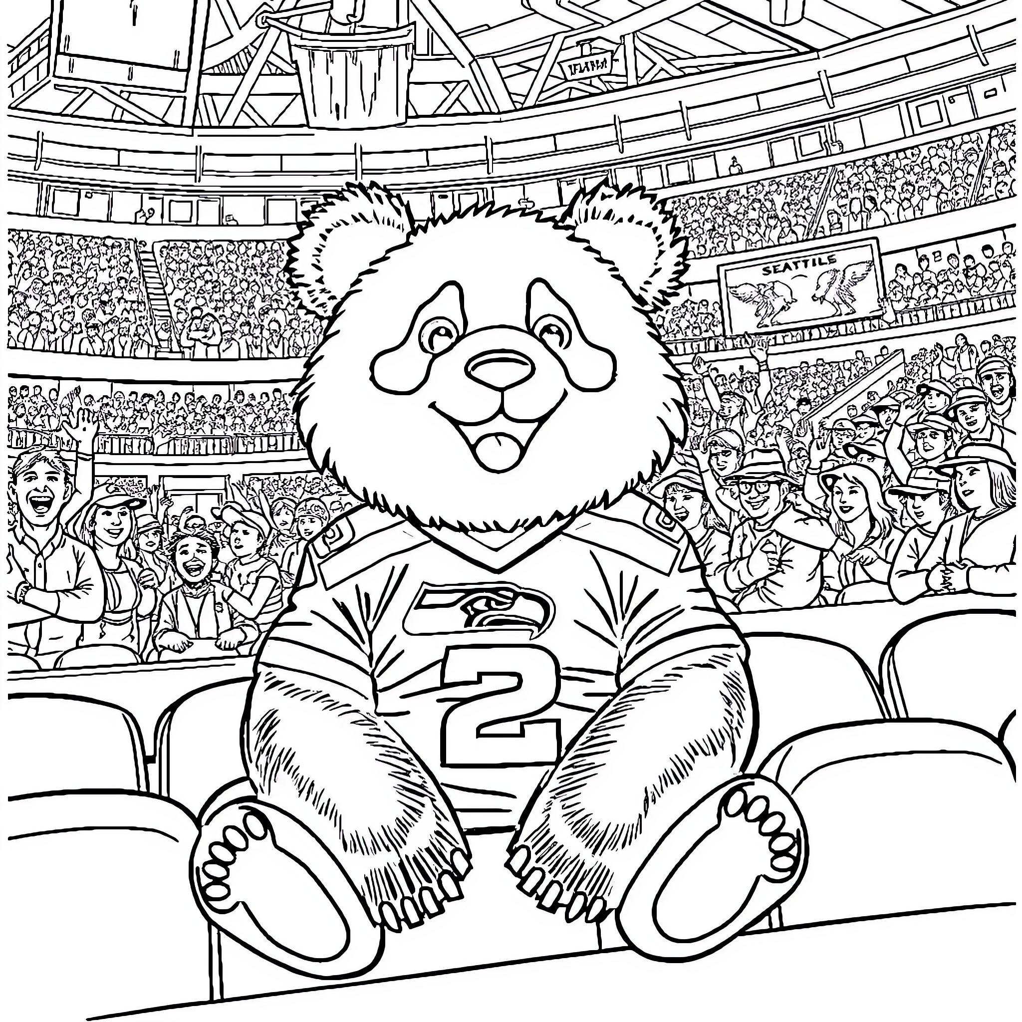 Panda Mascot Cheering at a Sports Event Coloring Page (free black-and-white line drawing printable PDF for all, from beginners to advanced learners, including children, teens, adults, and seniors)
