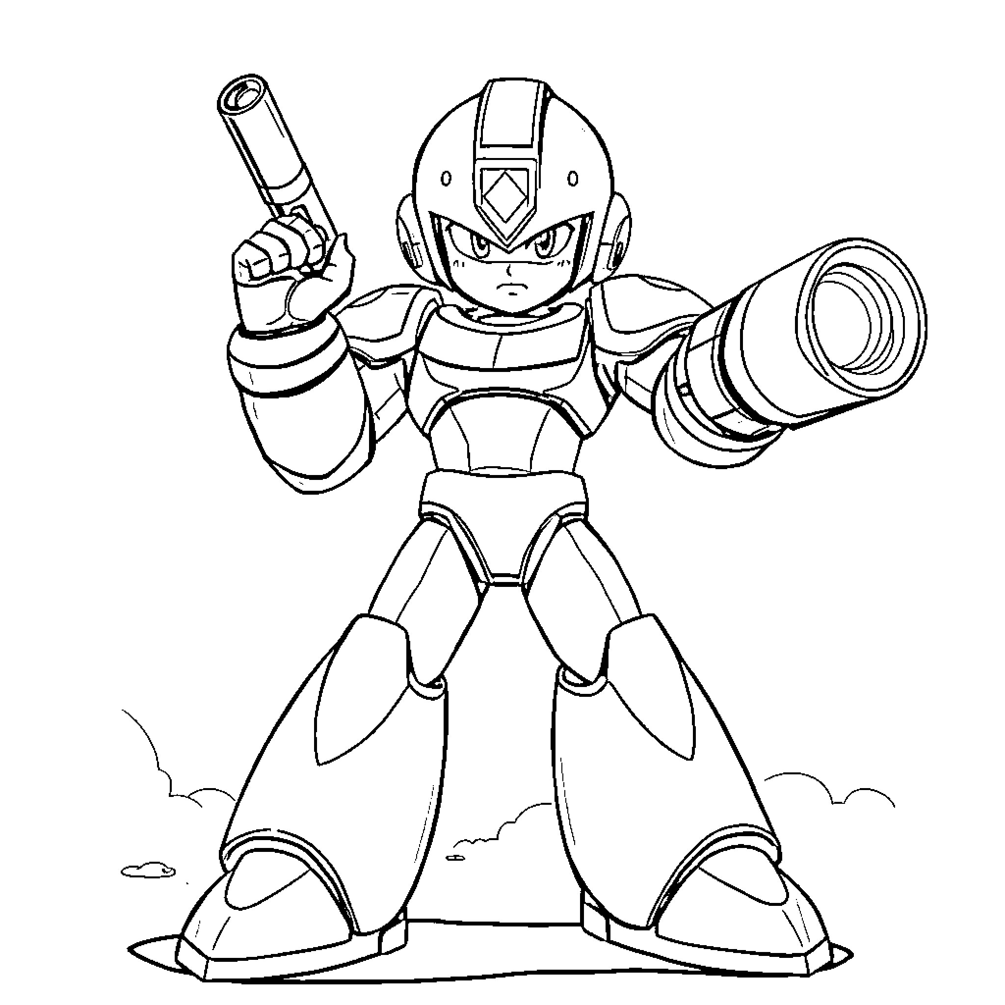 Megaman Readies for Battle with Blaster Cannon Coloring Page (free black-and-white line drawing printable PDF for all, from beginners to advanced learners, including children, teens, adults, and seniors)