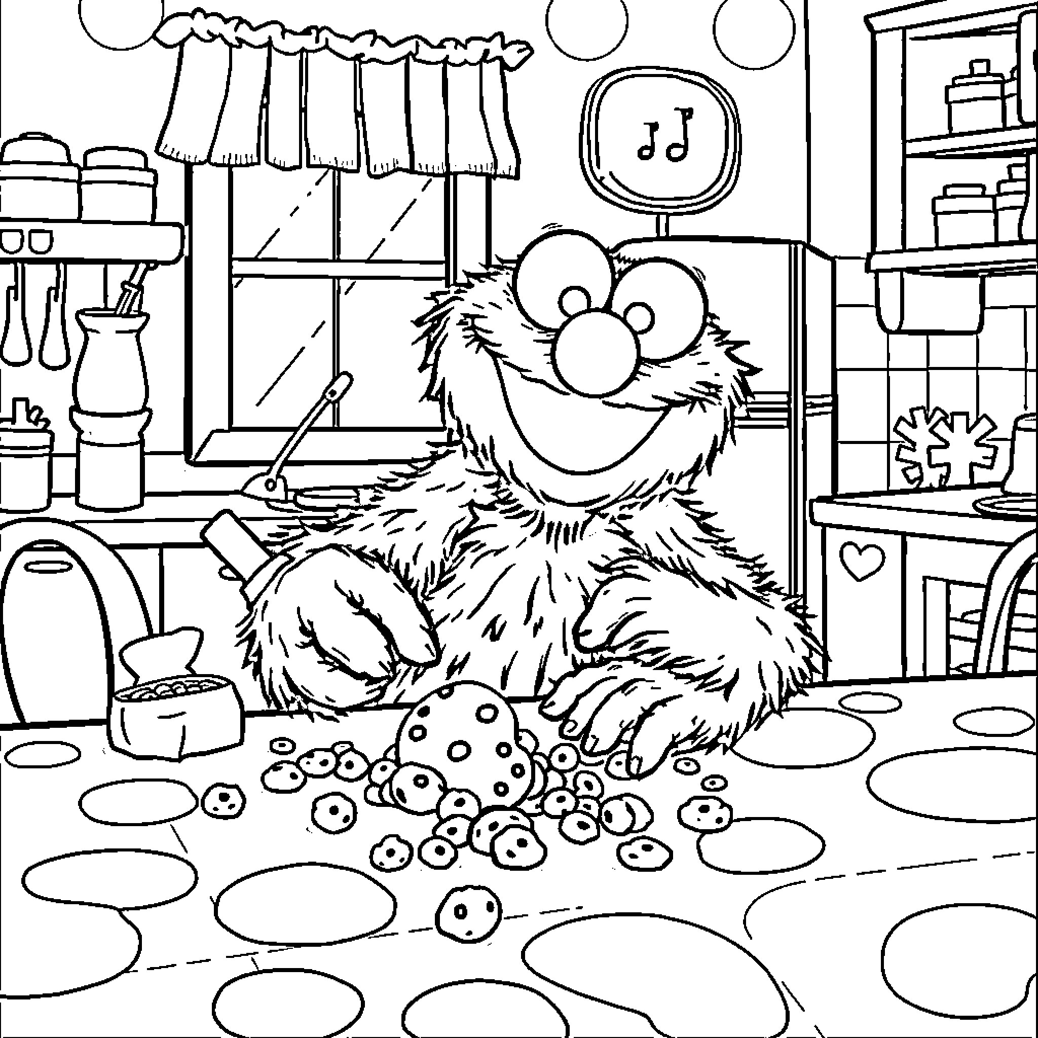 Cookie Monster in Playful Cookies Kitchen Scene Coloring Page (free black-and-white line drawing printable PDF for all, from beginners to advanced learners, including children, teens, adults, and seniors)