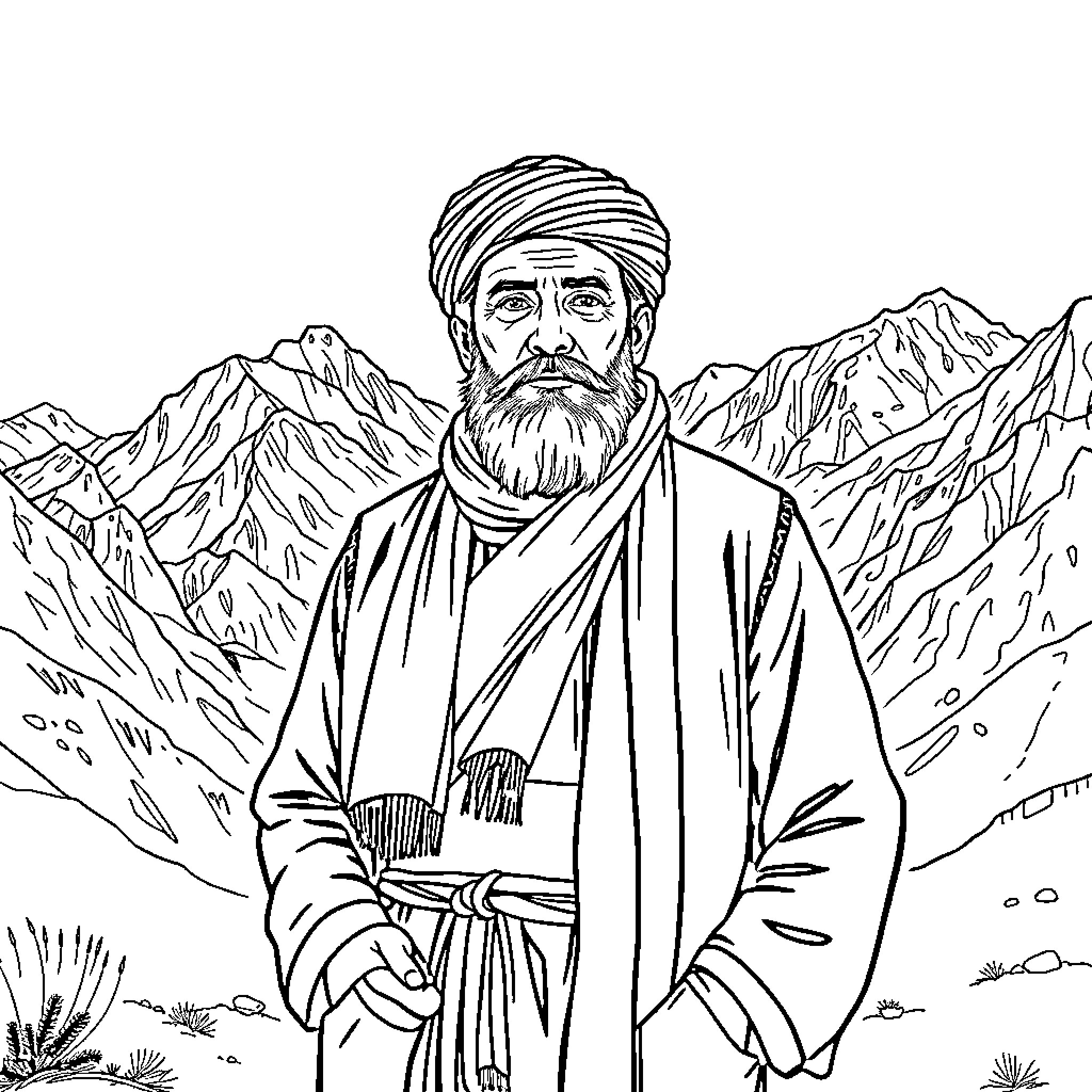 Matiullah in traditional attire amidst majestic mountain landscapes Coloring Page (free black-and-white line drawing printable PDF for all, from beginners to advanced learners, including children, teens, adults, and seniors)