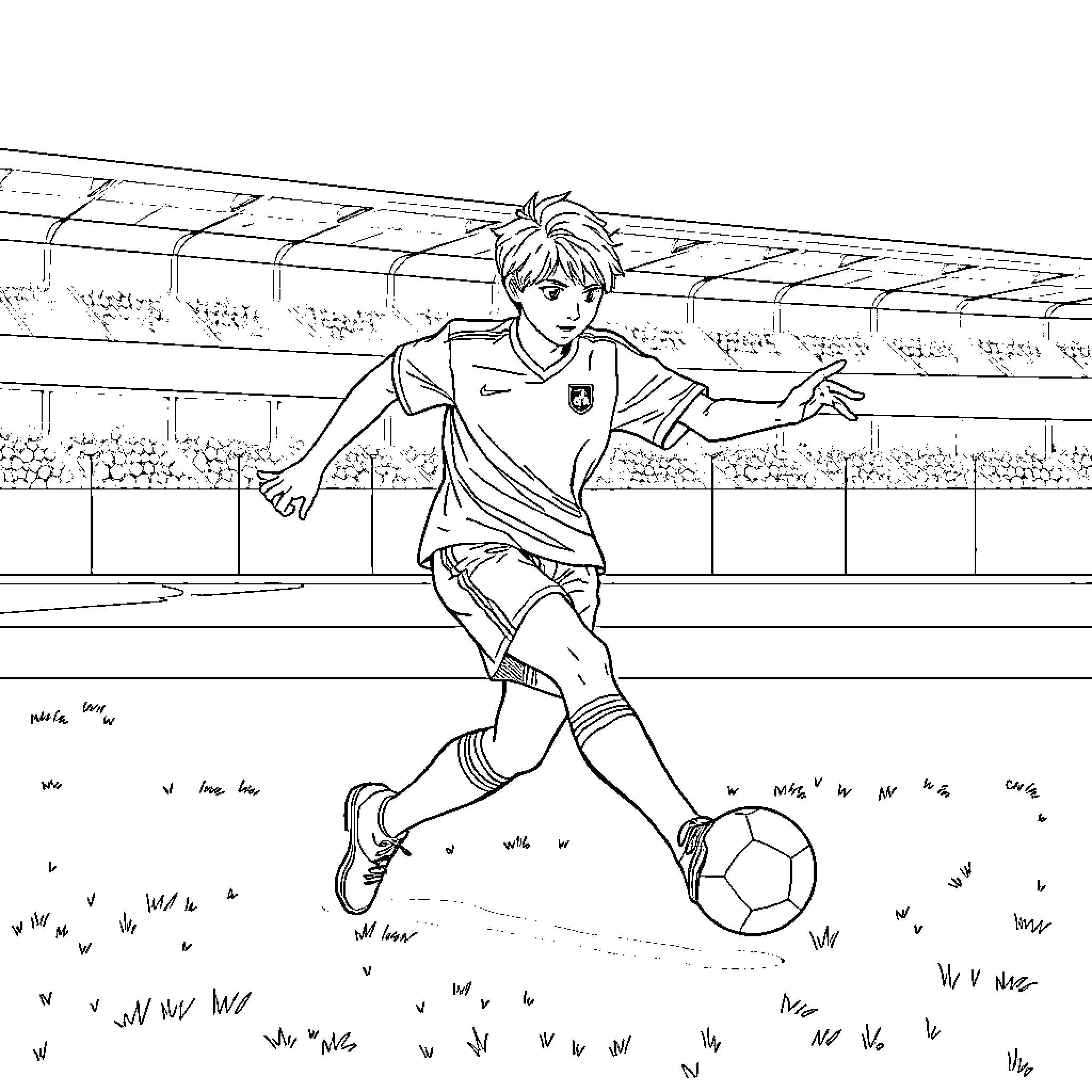 Rumi playing soccer in a sports stadium Coloring Page (free black-and-white line drawing printable PDF for all, from beginners to advanced learners, including children, teens, adults, and seniors)