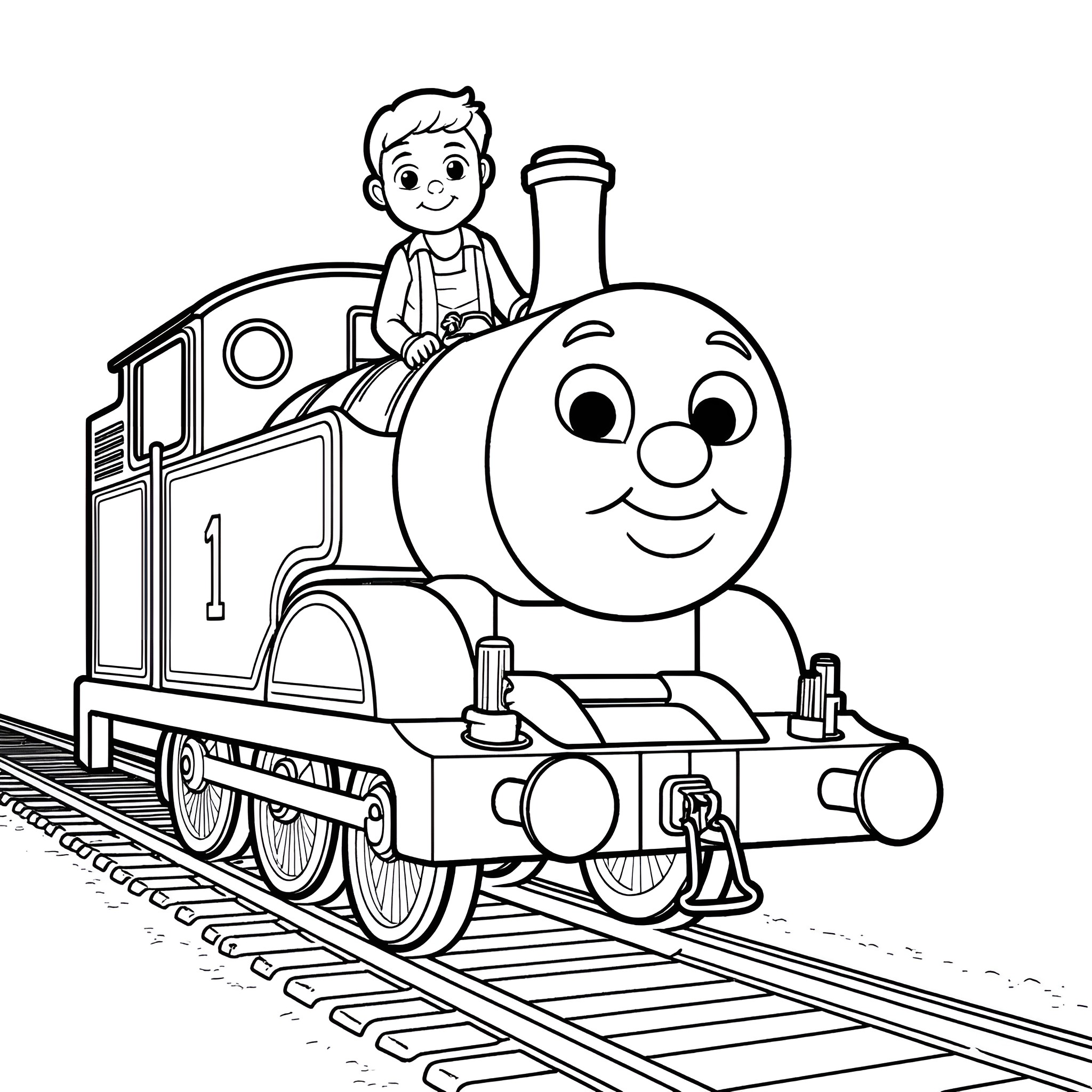 George Jones happily riding a friendly steam locomotive Coloring Page (free black-and-white line drawing printable PDF for all, from beginners to advanced learners, including children, teens, adults, and seniors)