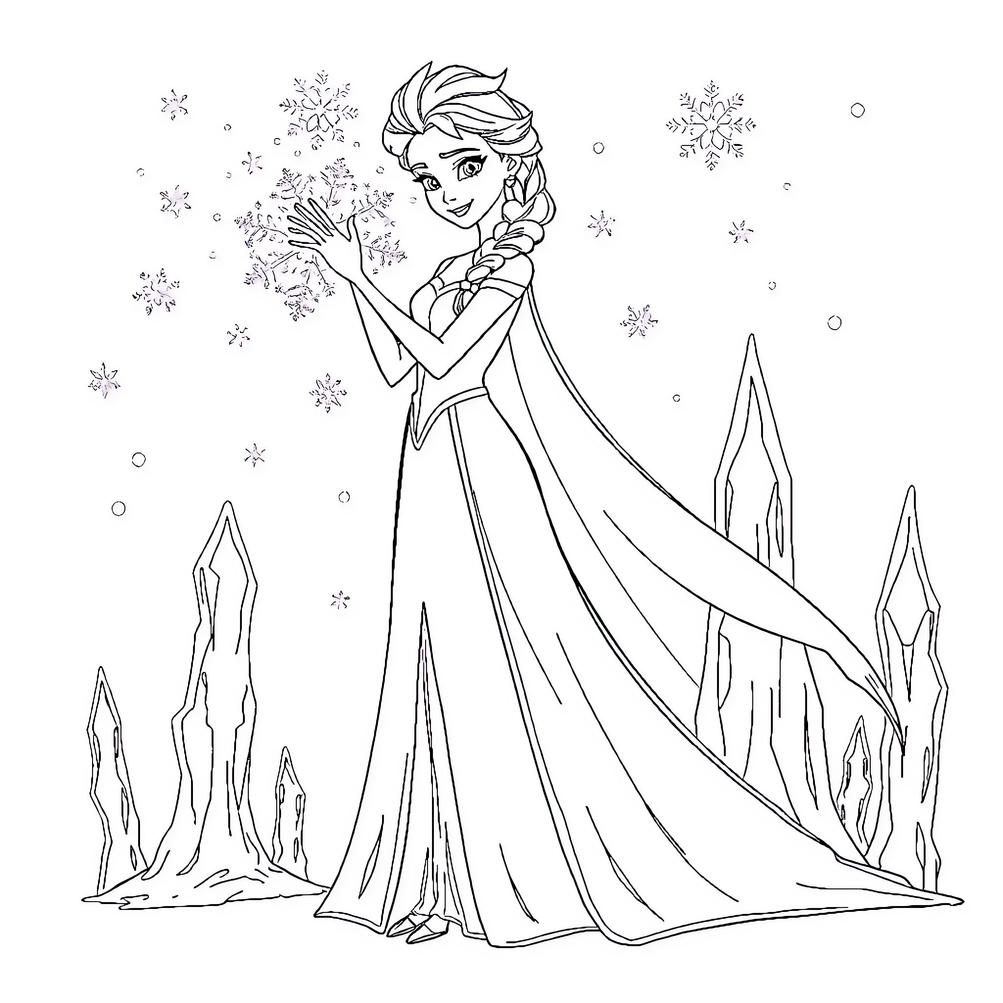 Elsa's Icy Enchantment: A Wintry Wonderland Coloring Page (free black-and-white line drawing printable PDF for all, from beginners to advanced learners, including children, teens, adults, and seniors)