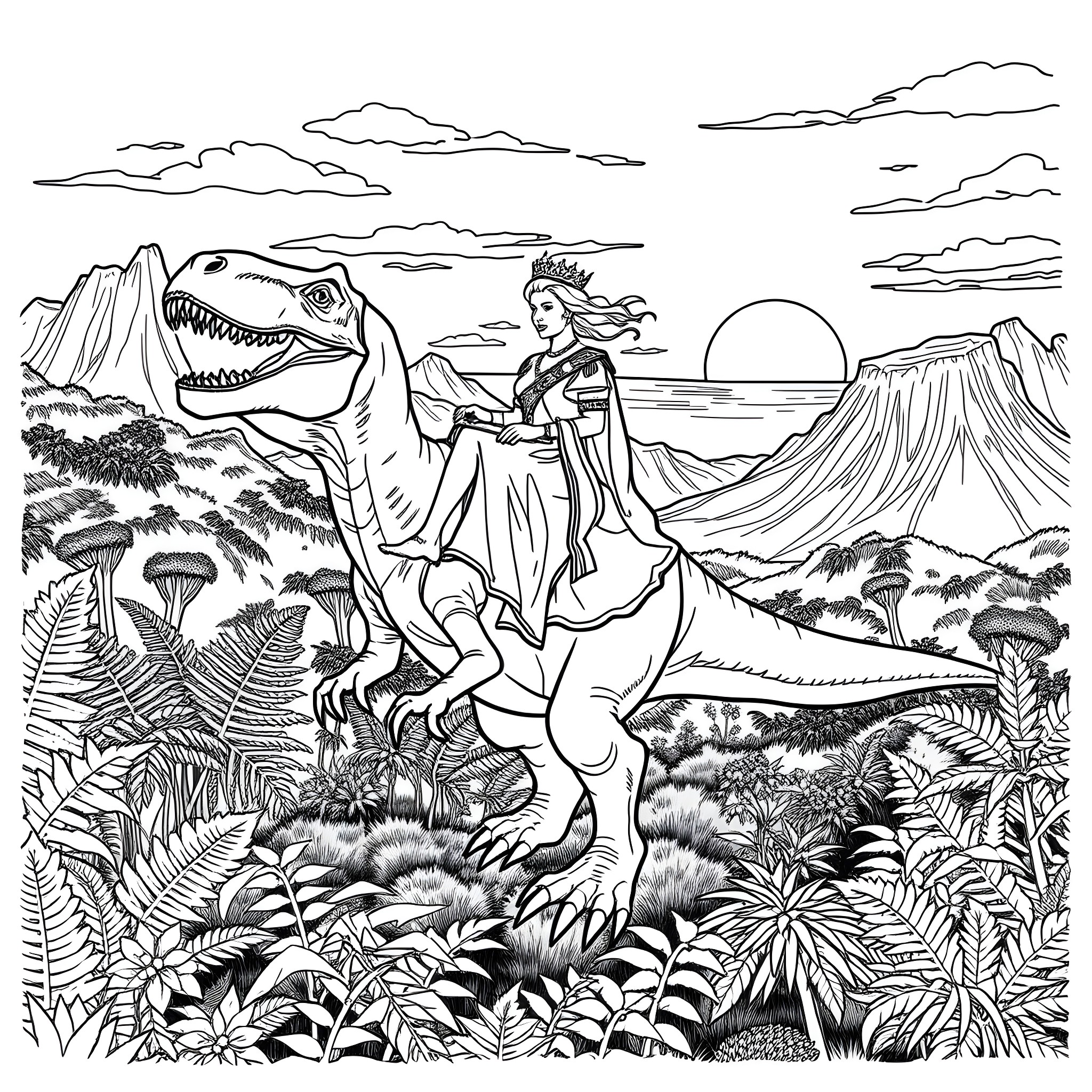 Queen riding a fierce dinosaur in the prehistoric landscape Coloring Page (free black-and-white line drawing printable PDF for all, from beginners to advanced learners, including children, teens, adults, and seniors)