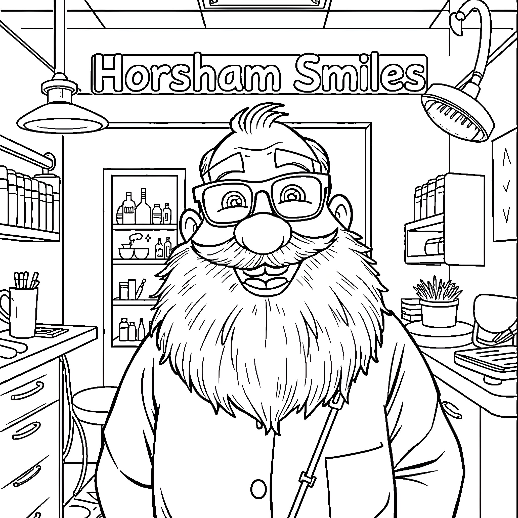 Dentist with a cheerful expression in his dental office Coloring Page (free black-and-white line drawing printable PDF for all, from beginners to advanced learners, including children, teens, adults, and seniors)