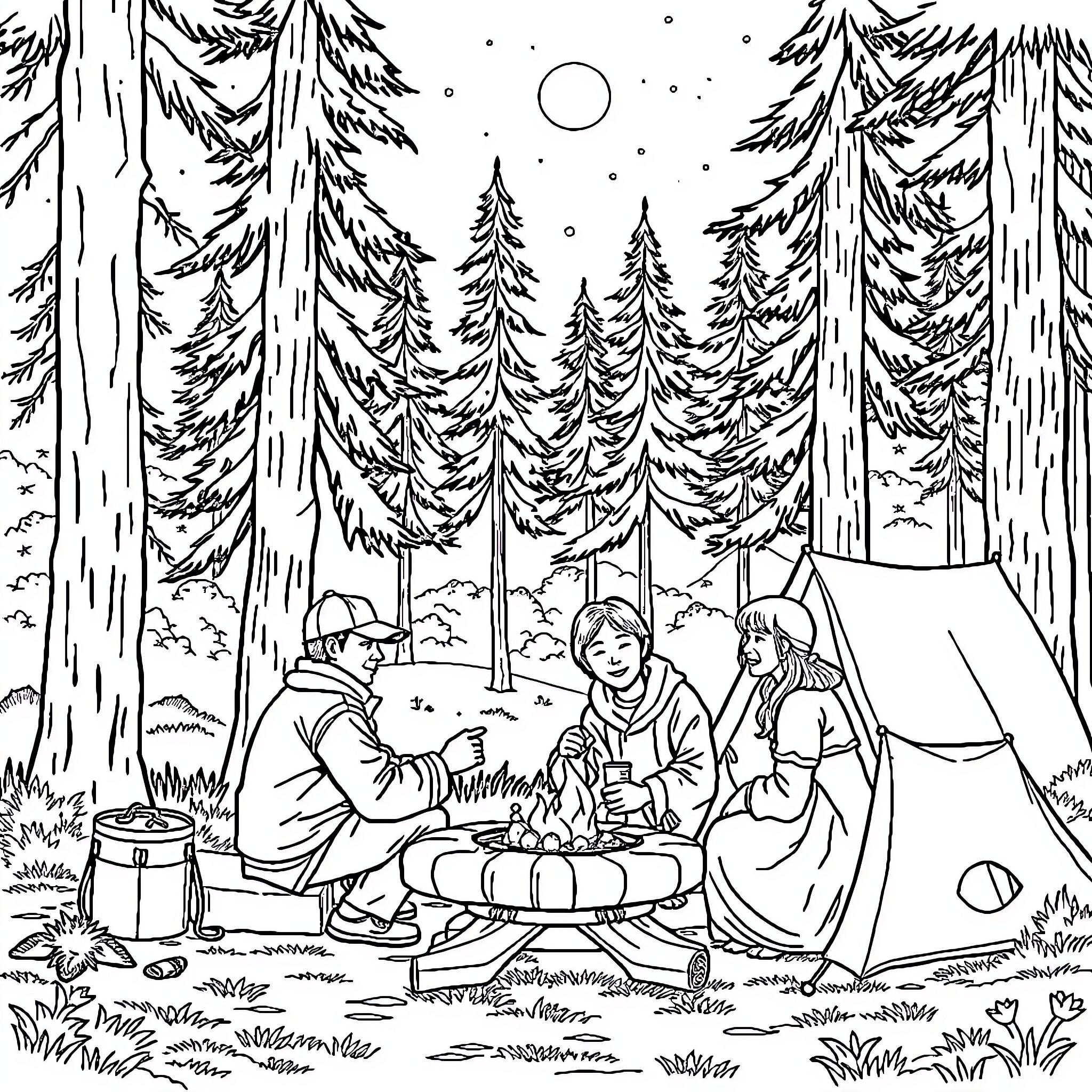 Family Enjoying Camping Adventure in the Forest Coloring Page (free black-and-white line drawing printable PDF for all, from beginners to advanced learners, including children, teens, adults, and seniors)