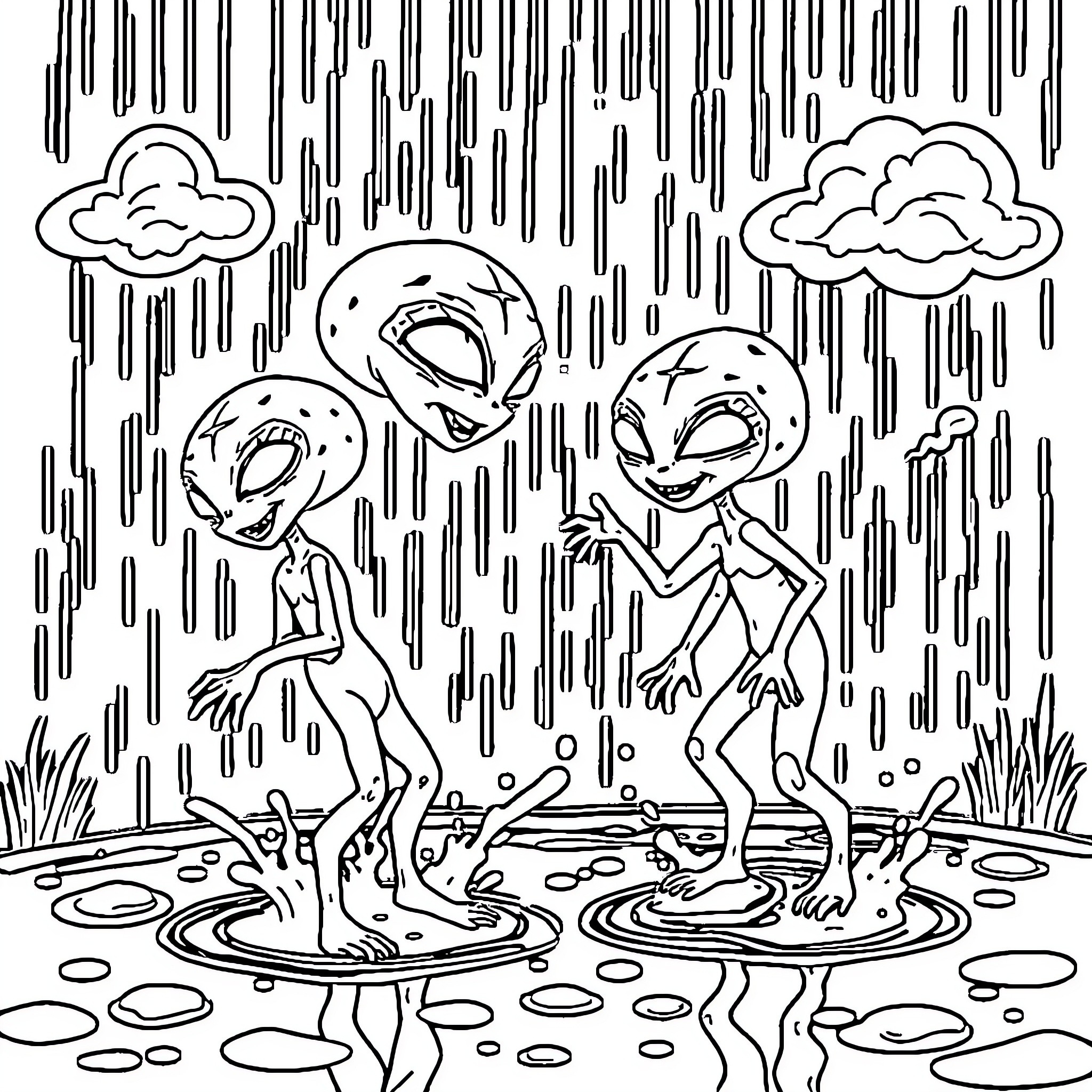 Alien Creatures Dancing in the Rain Coloring Page (free black-and-white line drawing printable PDF for all, from beginners to advanced learners, including children, teens, adults, and seniors)