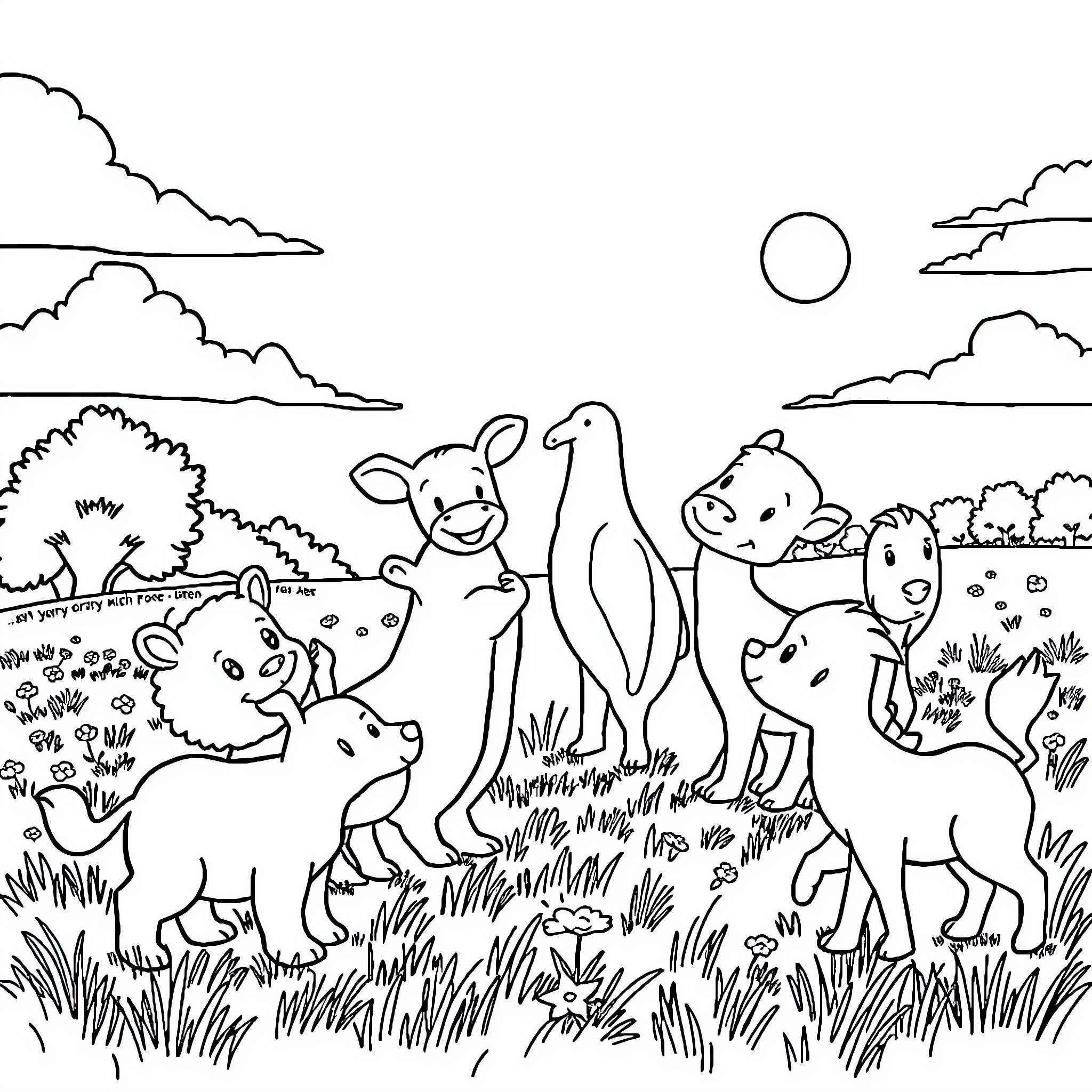 Animal friends playing in the meadow Coloring Page (free black-and-white line drawing printable PDF for all, from beginners to advanced learners, including children, teens, adults, and seniors)