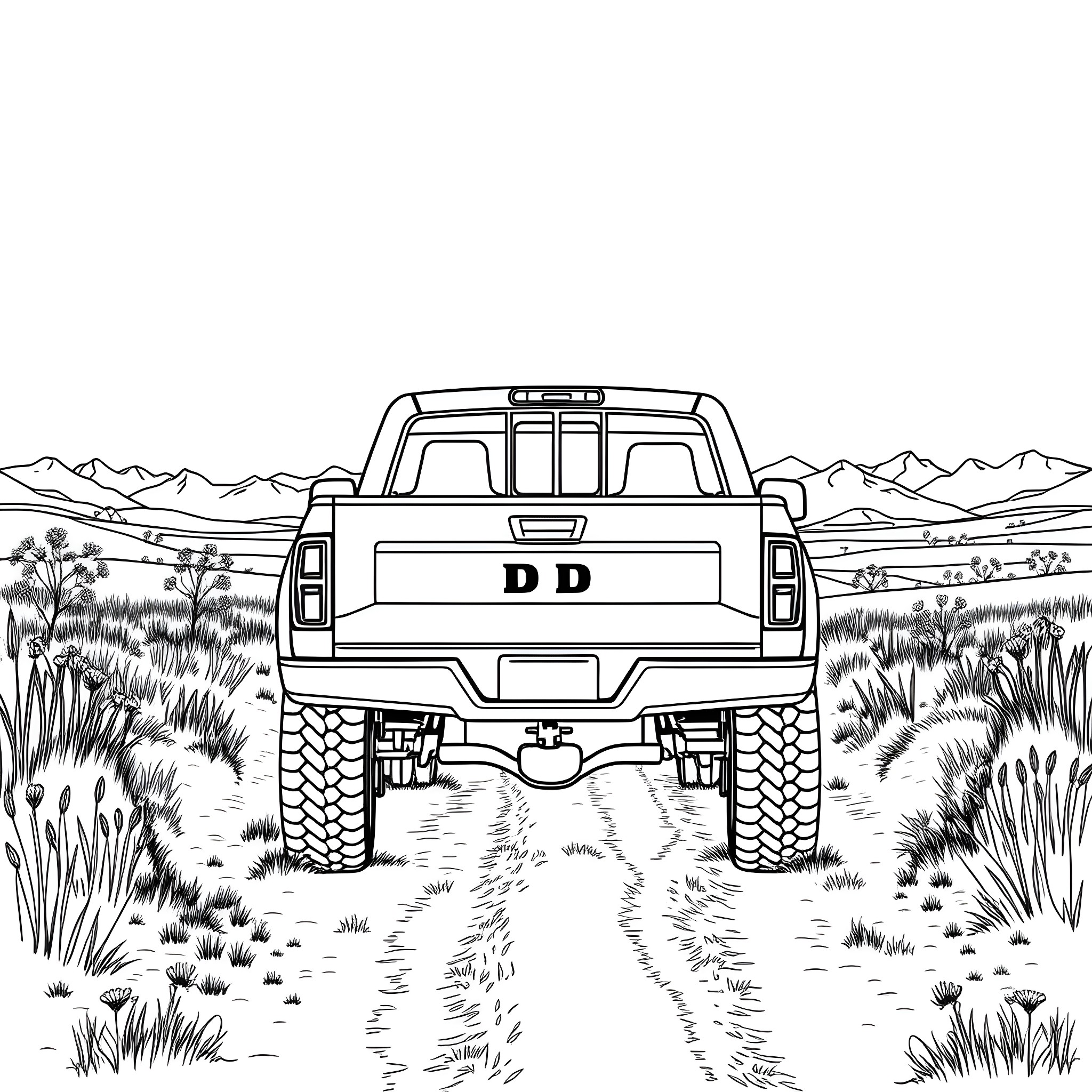 Pickup truck driving through rugged terrain Coloring Page (free black-and-white line drawing printable PDF for all, from beginners to advanced learners, including children, teens, adults, and seniors)