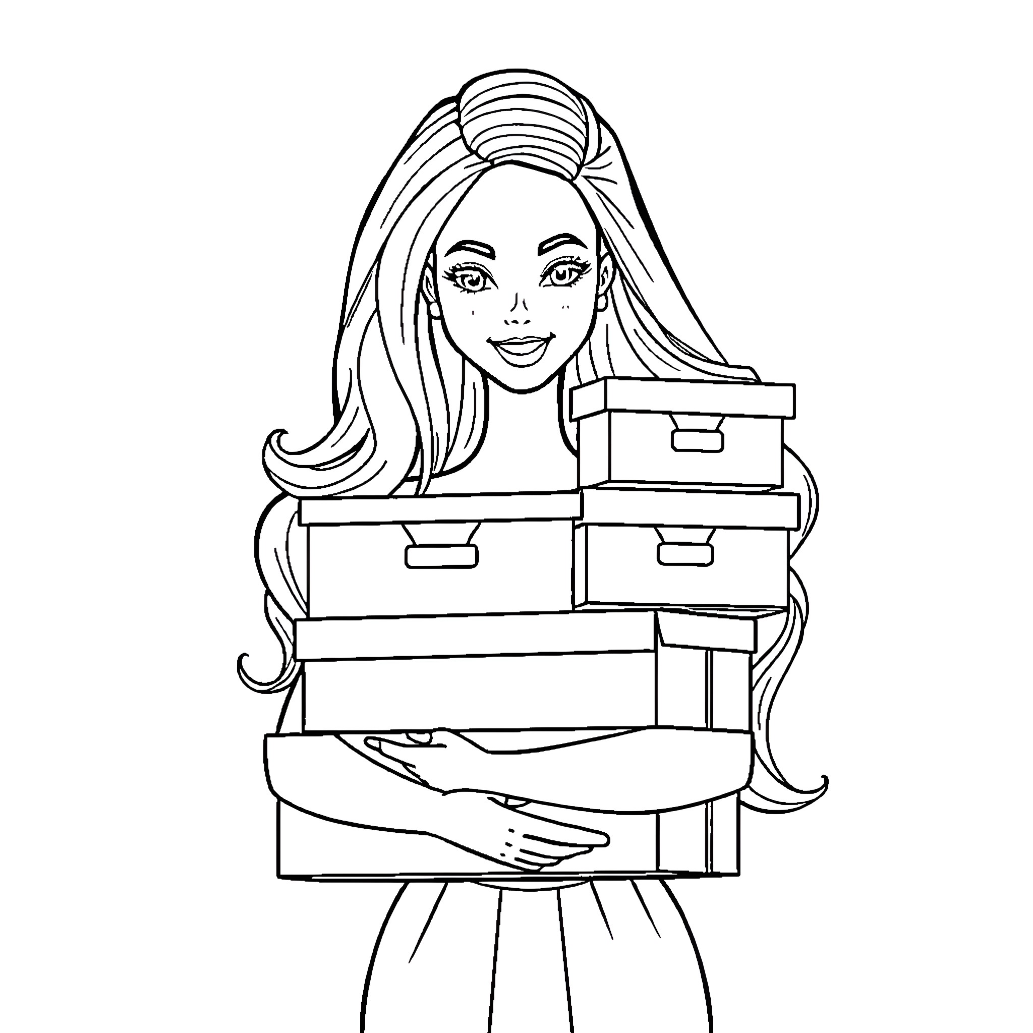 Barbie Carrying Boxes with Excitement Coloring Page (free black-and-white line drawing printable PDF for all, from beginners to advanced learners, including children, teens, adults, and seniors)