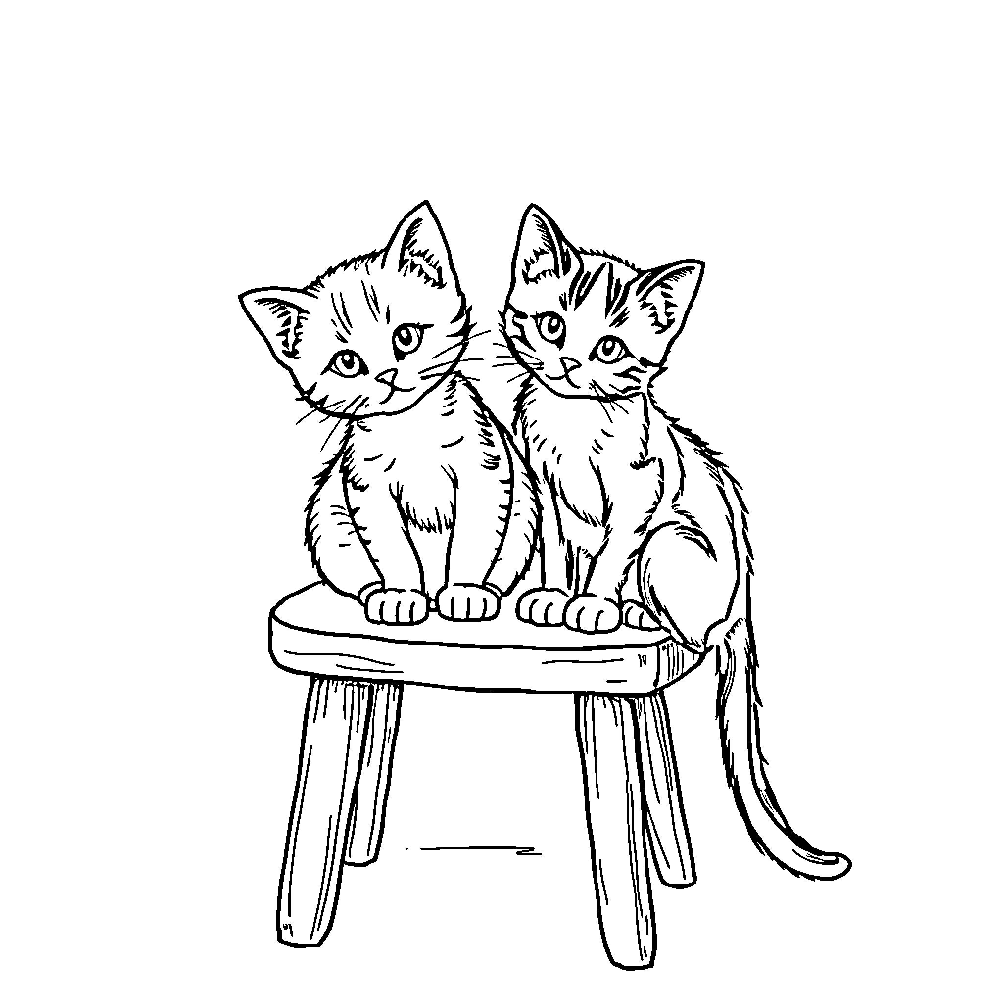 Kitty Companions Sitting on Stool Coloring Page (free black-and-white line drawing printable PDF for all, from beginners to advanced learners, including children, teens, adults, and seniors)