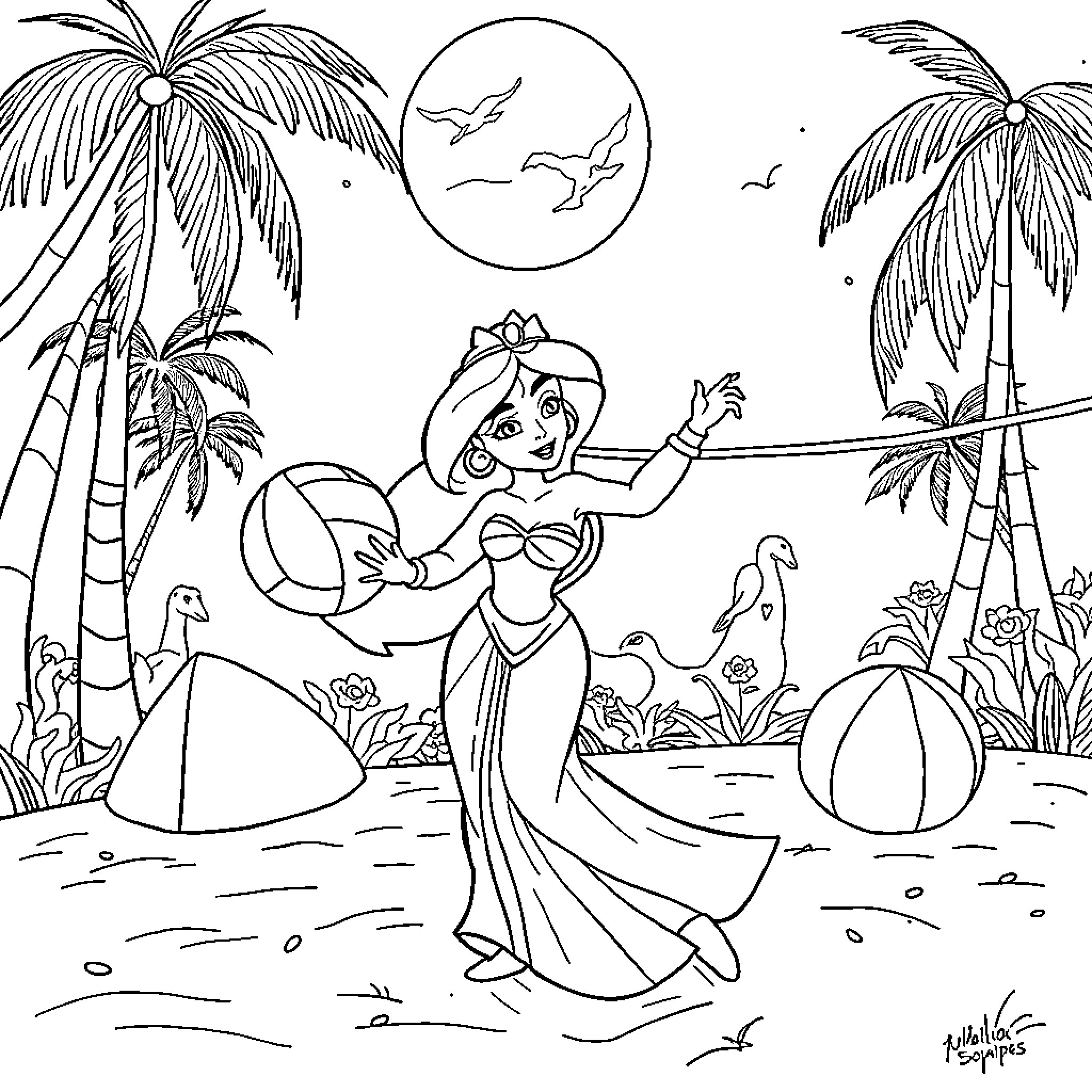 Princess Jasmine enjoying a tropical beach adventure Coloring Page (free black-and-white line drawing printable PDF for all, from beginners to advanced learners, including children, teens, adults, and seniors)
