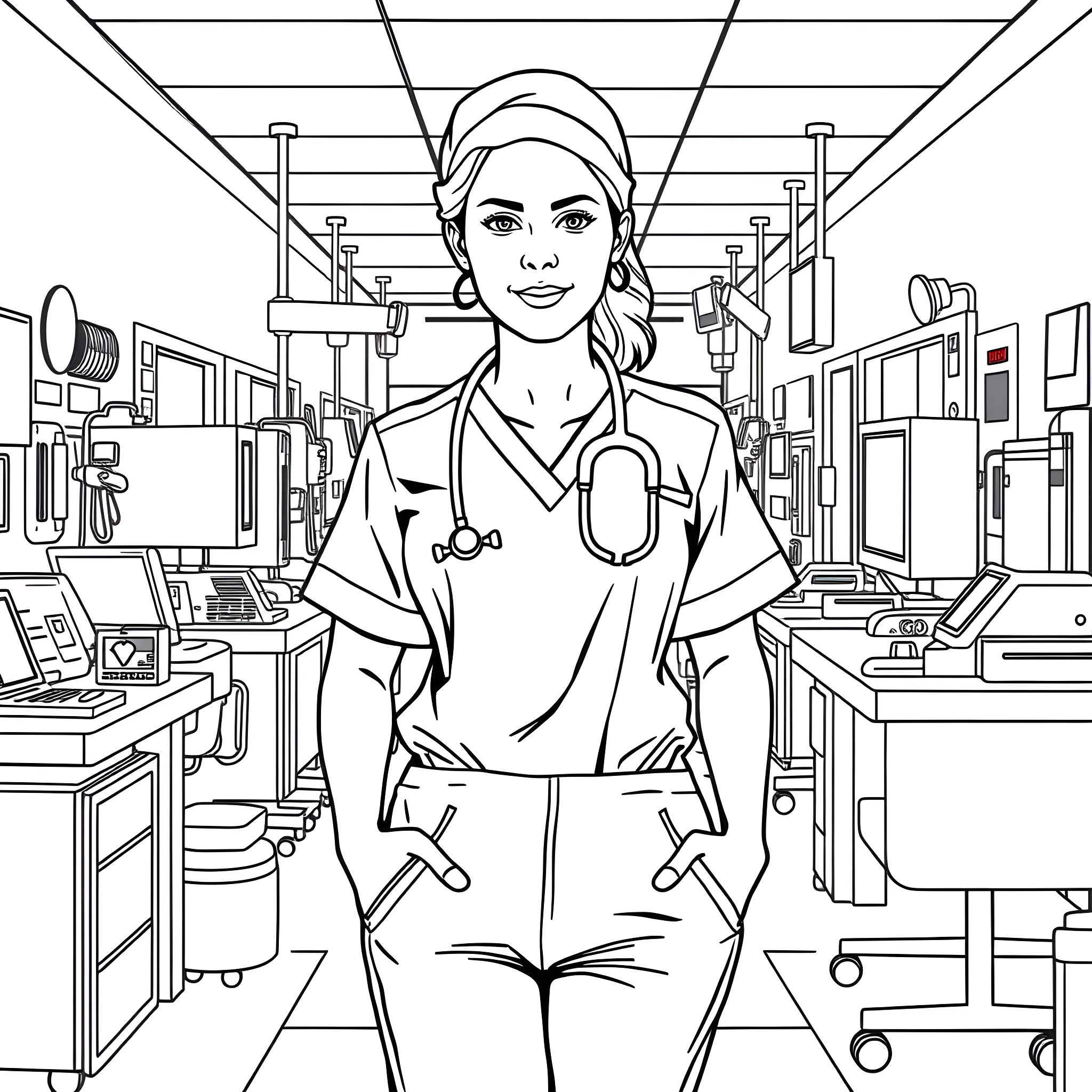 Nurse assisting in a medical facility Coloring Page (free black-and-white line drawing printable PDF for all, from beginners to advanced learners, including children, teens, adults, and seniors)