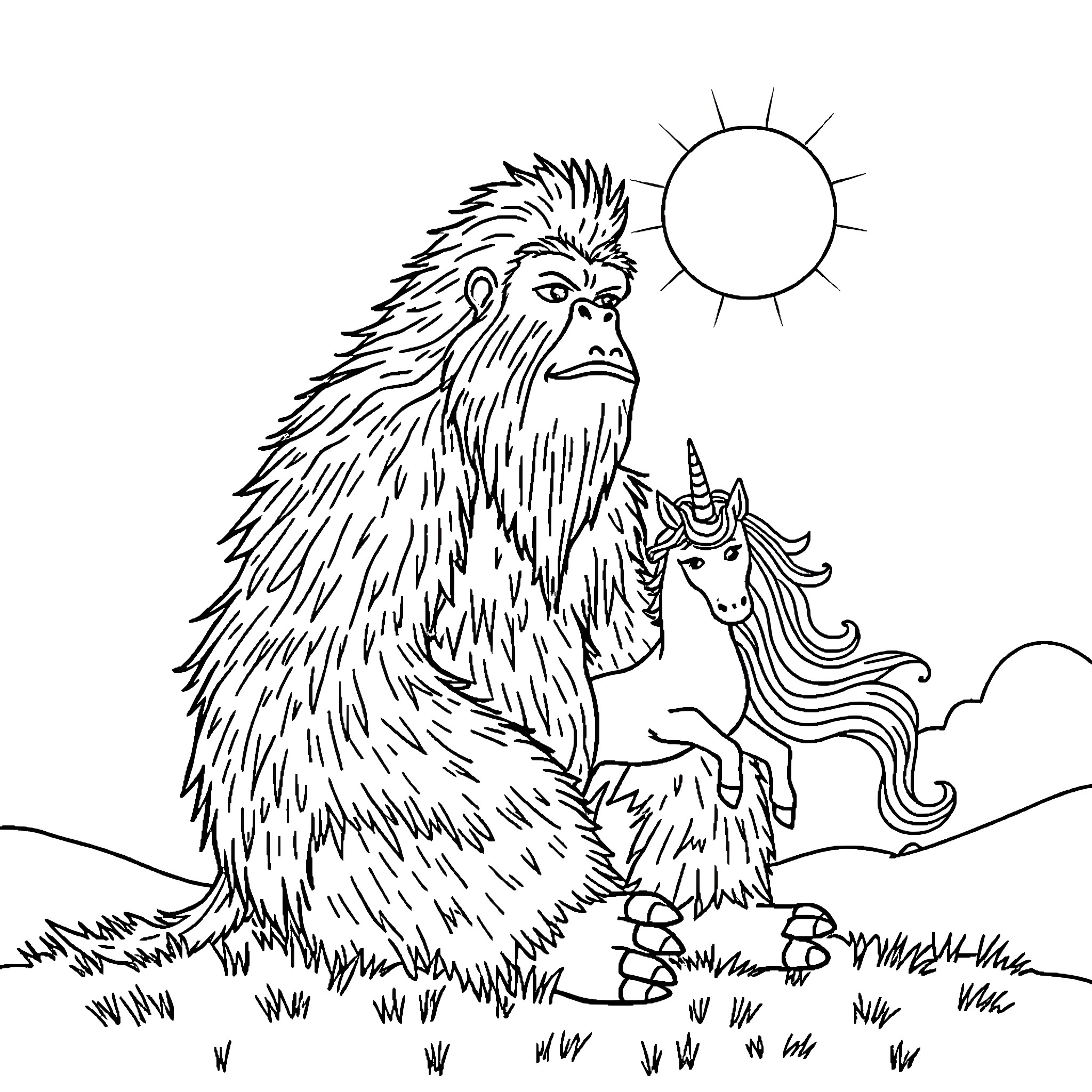 Sasquatch encounters a mythical unicorn in the wild Coloring Page (free black-and-white line drawing printable PDF for all, from beginners to advanced learners, including children, teens, adults, and seniors)