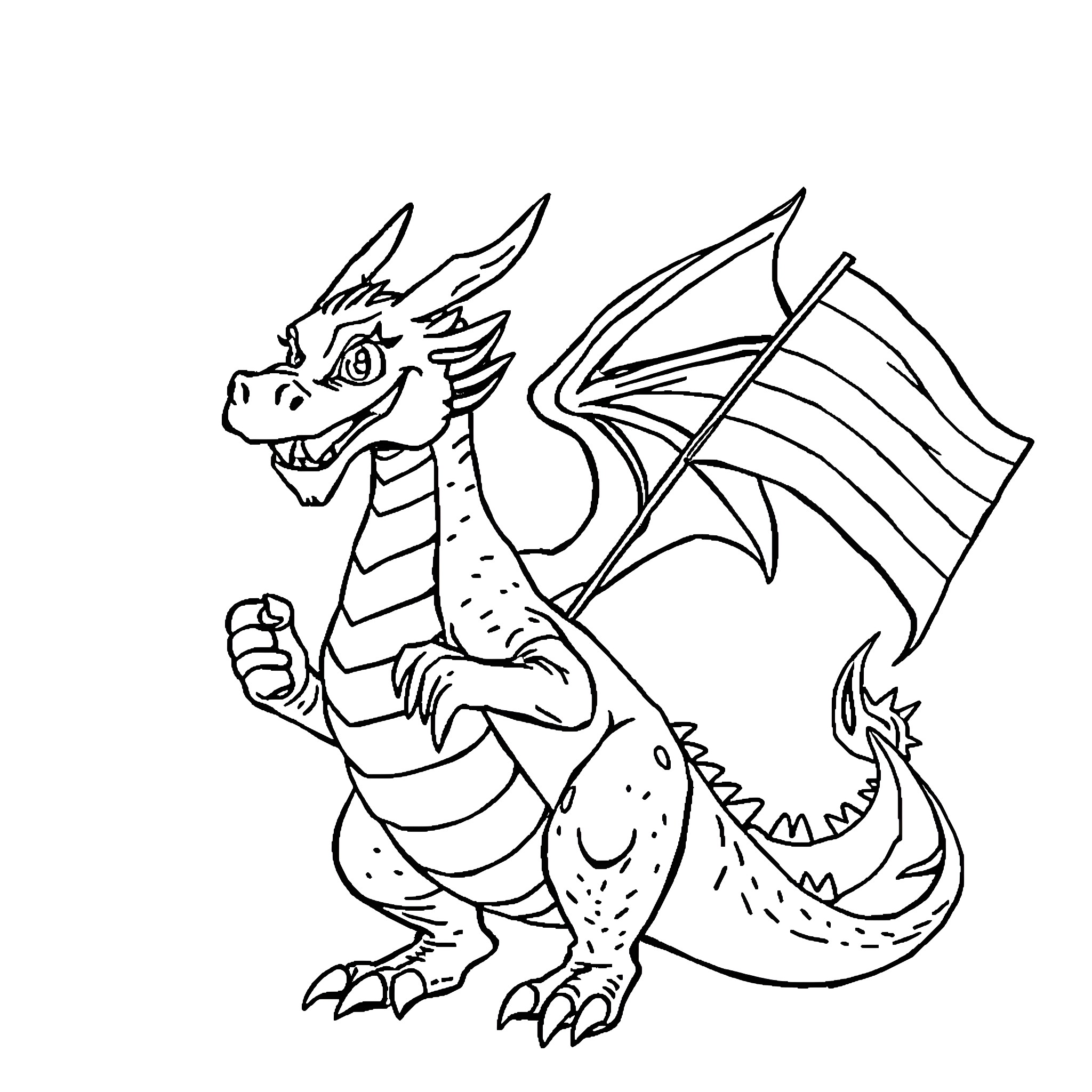 Dragon Proudly Displaying its Powerful Wings Coloring Page (free black-and-white line drawing printable PDF for all, from beginners to advanced learners, including children, teens, adults, and seniors)