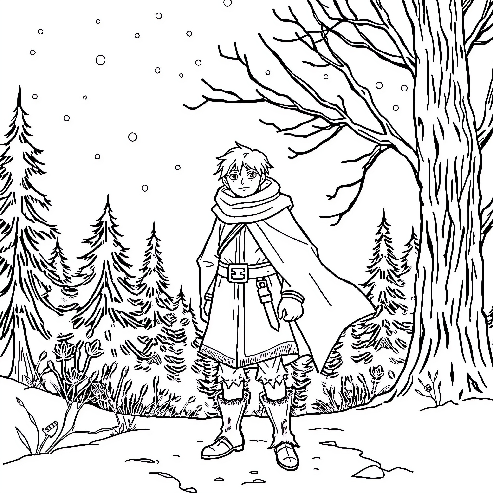 Narnia Character in Snowy Forest Landscape Coloring Page (free black-and-white line drawing printable PDF for all, from beginners to advanced learners, including children, teens, adults, and seniors)