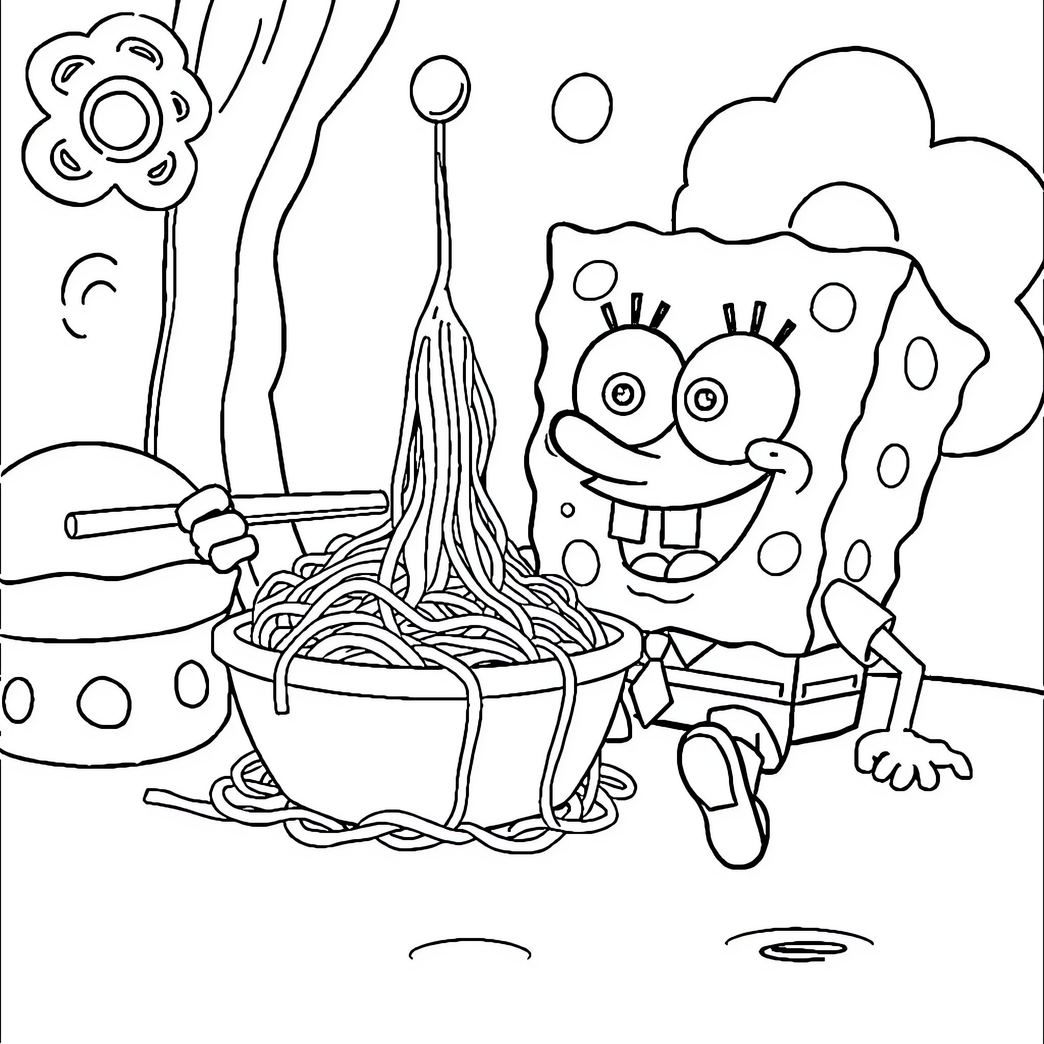 Spongebob eating spaghetti with friends in whimsical scene Coloring Page (free black-and-white line drawing printable PDF for all, from beginners to advanced learners, including children, teens, adults, and seniors)