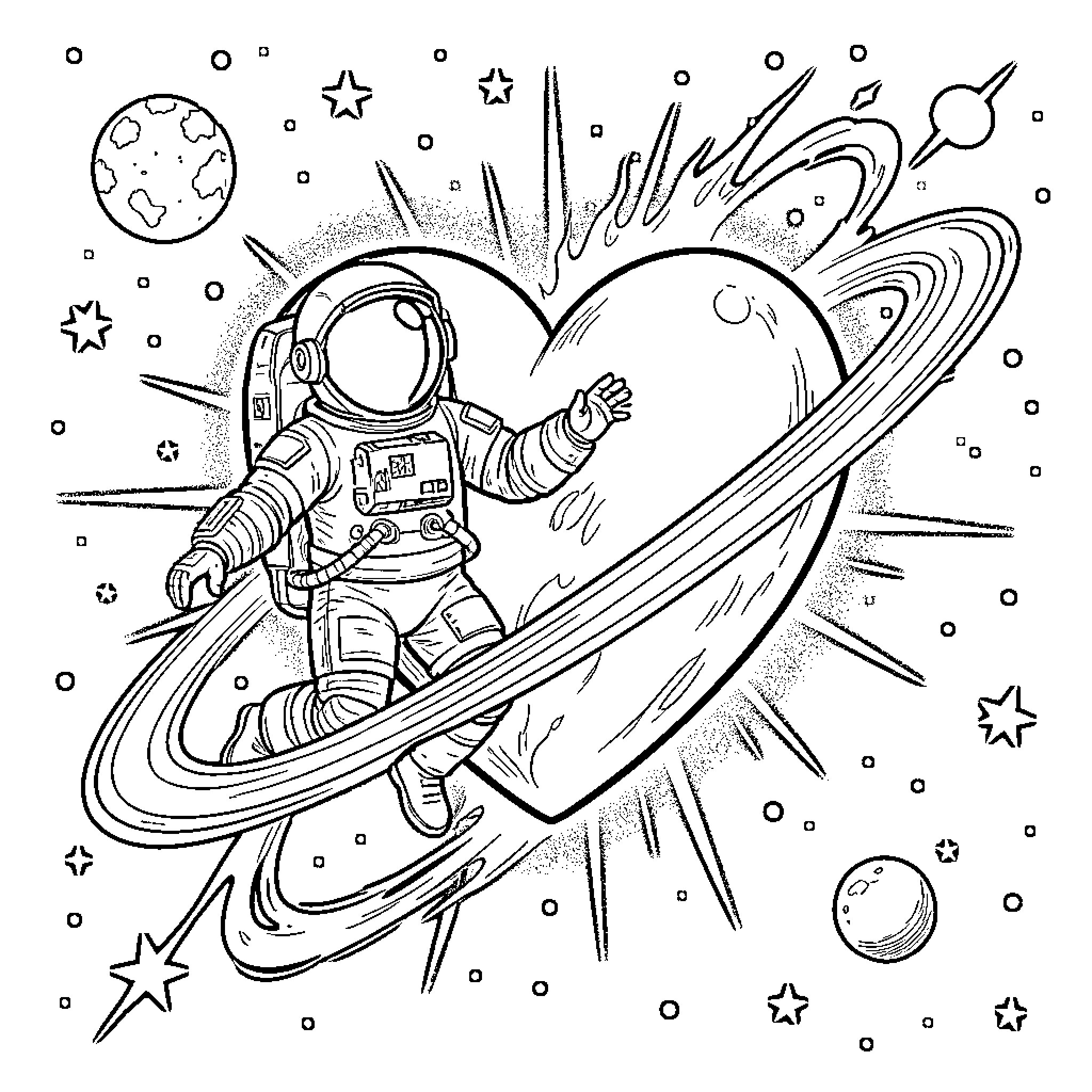 Astronaut exploring the cosmic realm Coloring Page (free black-and-white line drawing printable PDF for all, from beginners to advanced learners, including children, teens, adults, and seniors)