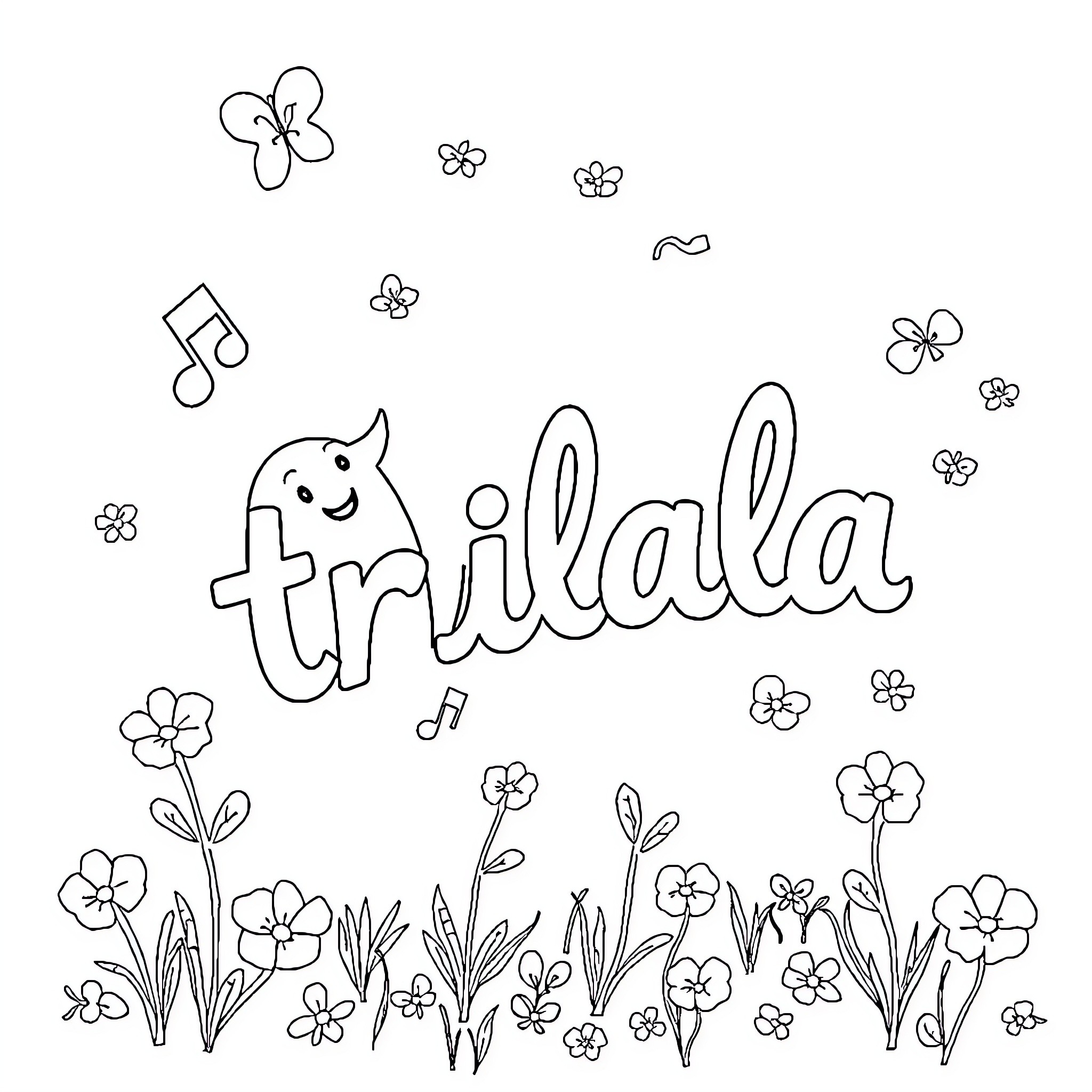 Tralalero: Playful Floral Scene with Musical Notes Coloring Page (free black-and-white line drawing printable PDF for all, from beginners to advanced learners, including children, teens, adults, and seniors)