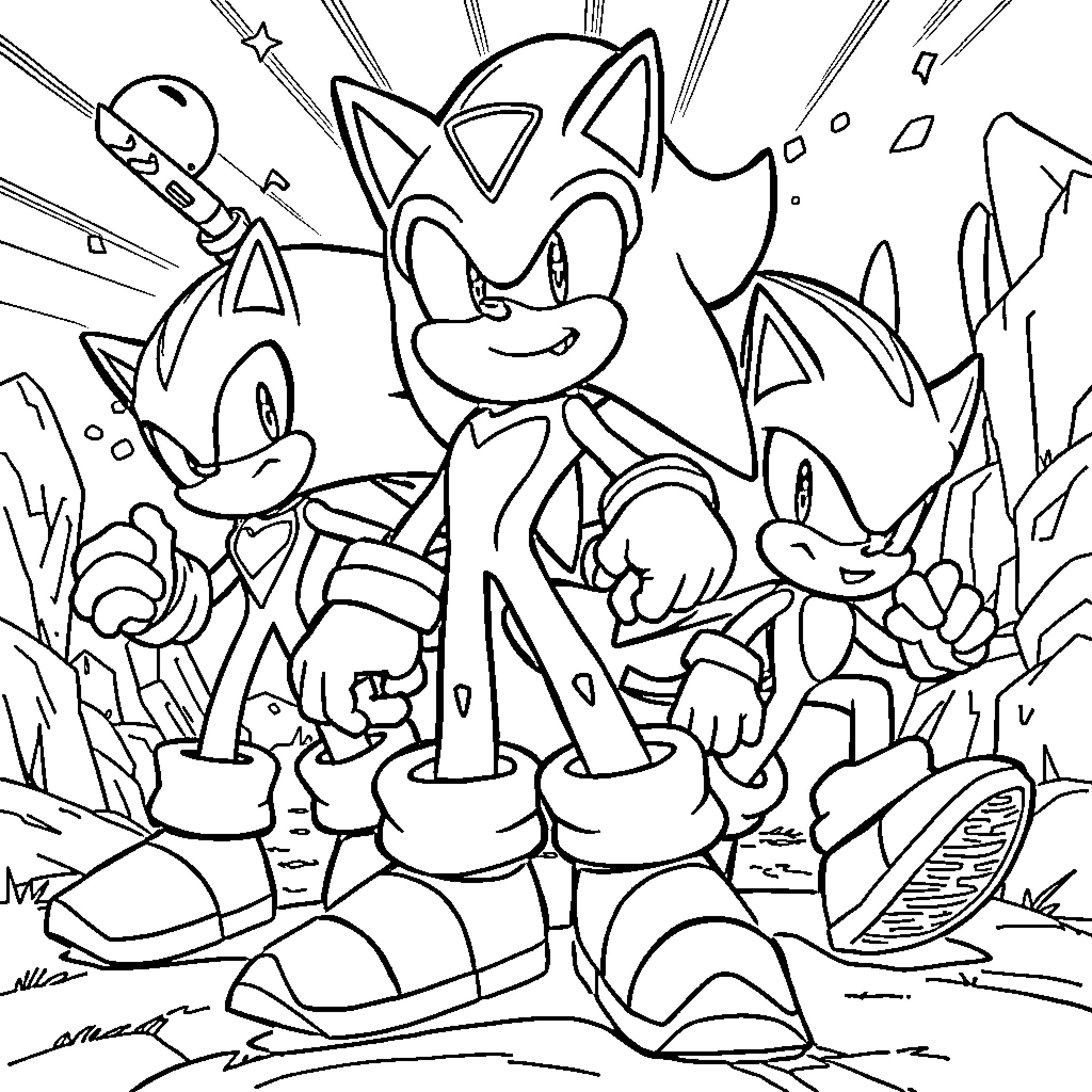Sonic and friends in an energetic adventure Coloring Page (free black-and-white line drawing printable PDF for all, from beginners to advanced learners, including children, teens, adults, and seniors)