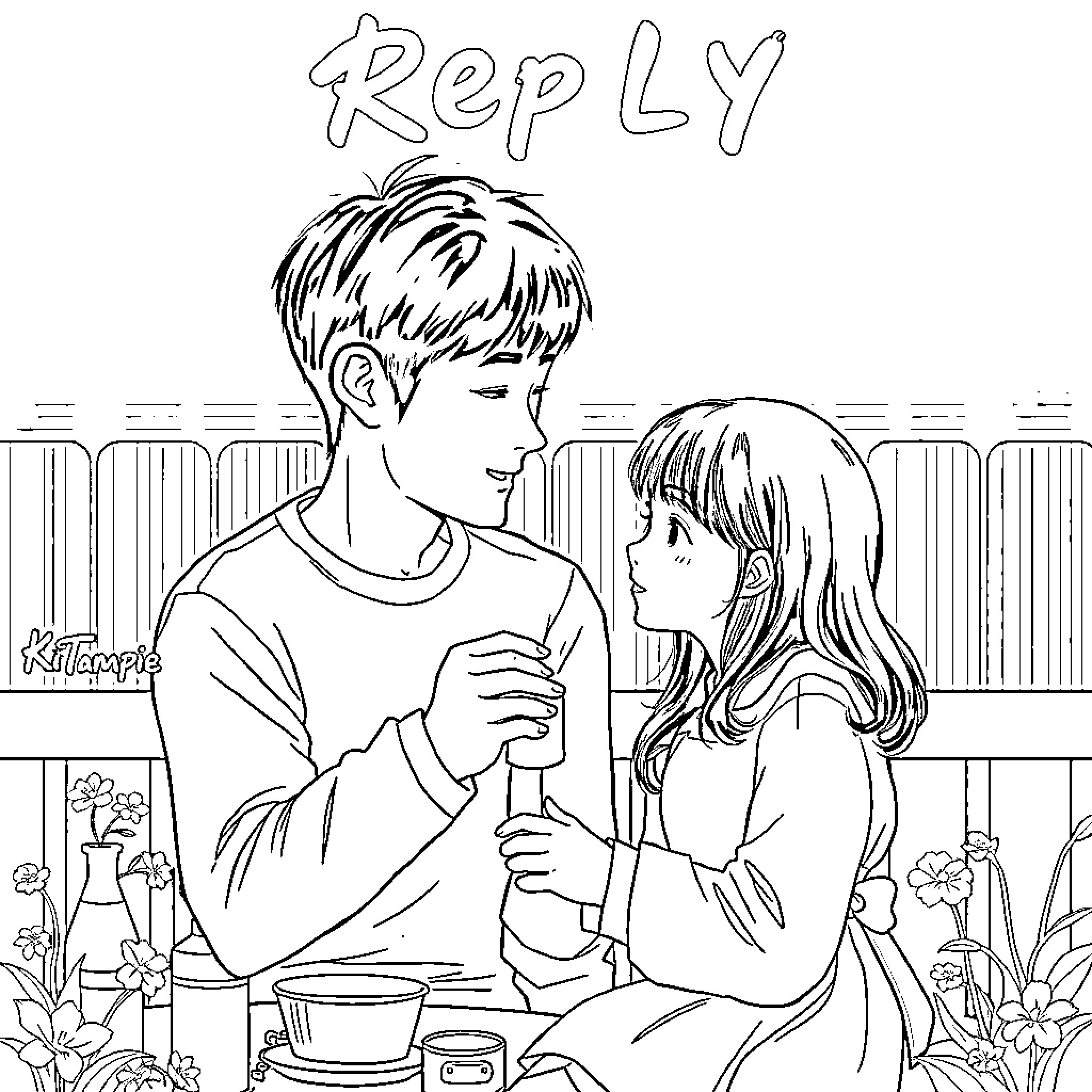 Kdrama couple sharing a tender moment Coloring Page (free black-and-white line drawing printable PDF for all, from beginners to advanced learners, including children, teens, adults, and seniors)