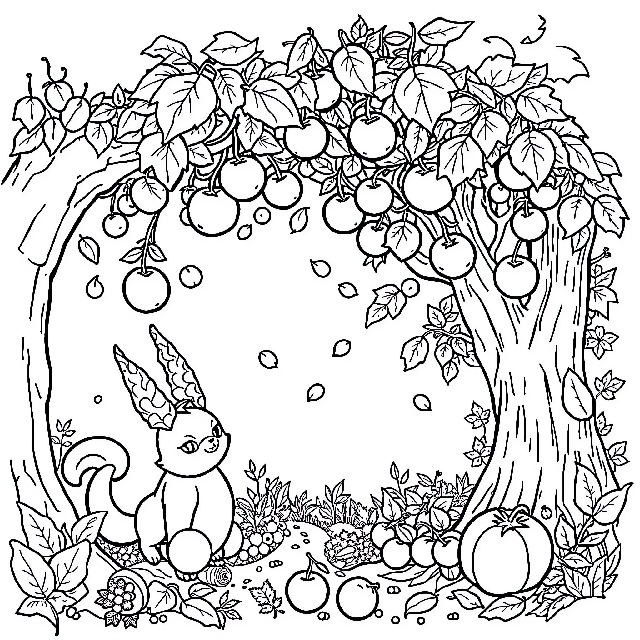 Ovipet frolicking in the autumn orchard Coloring Page (free black-and-white line drawing printable PDF for all, from beginners to advanced learners, including children, teens, adults, and seniors)