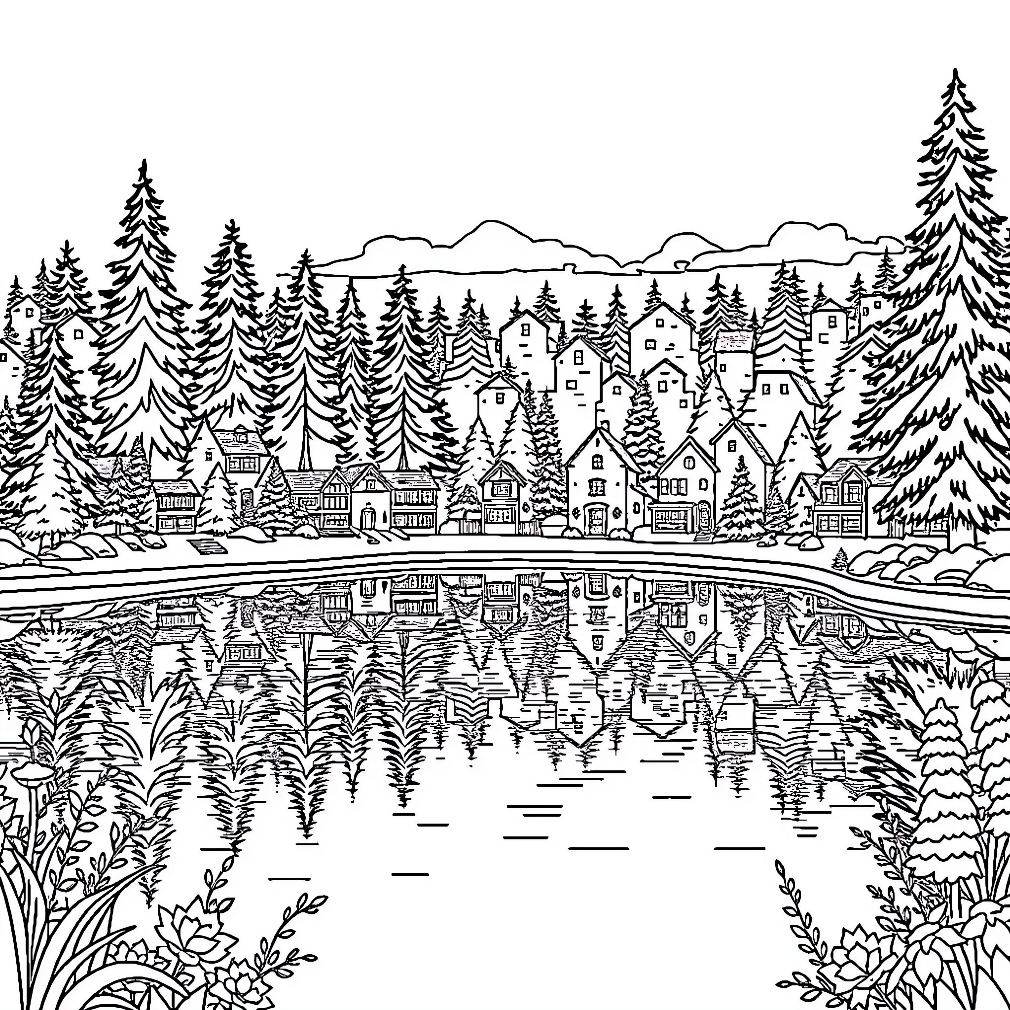Lake Landscape with Snowy Village Reflection Coloring Page (free black-and-white line drawing printable PDF for all, from beginners to advanced learners, including children, teens, adults, and seniors)
