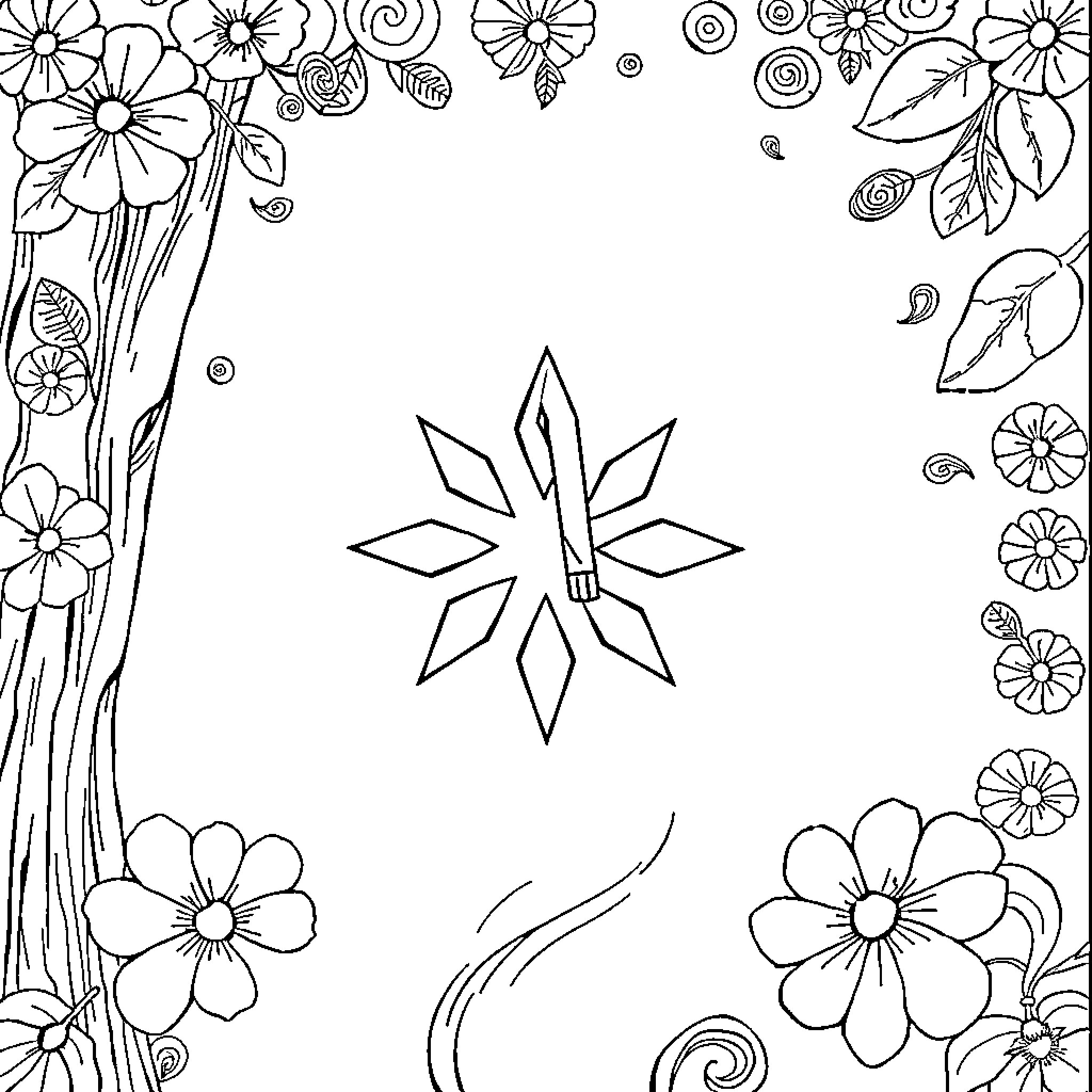Lilo And Stitch in a Floral Frame Coloring Page (free black-and-white line drawing printable PDF for all, from beginners to advanced learners, including children, teens, adults, and seniors)