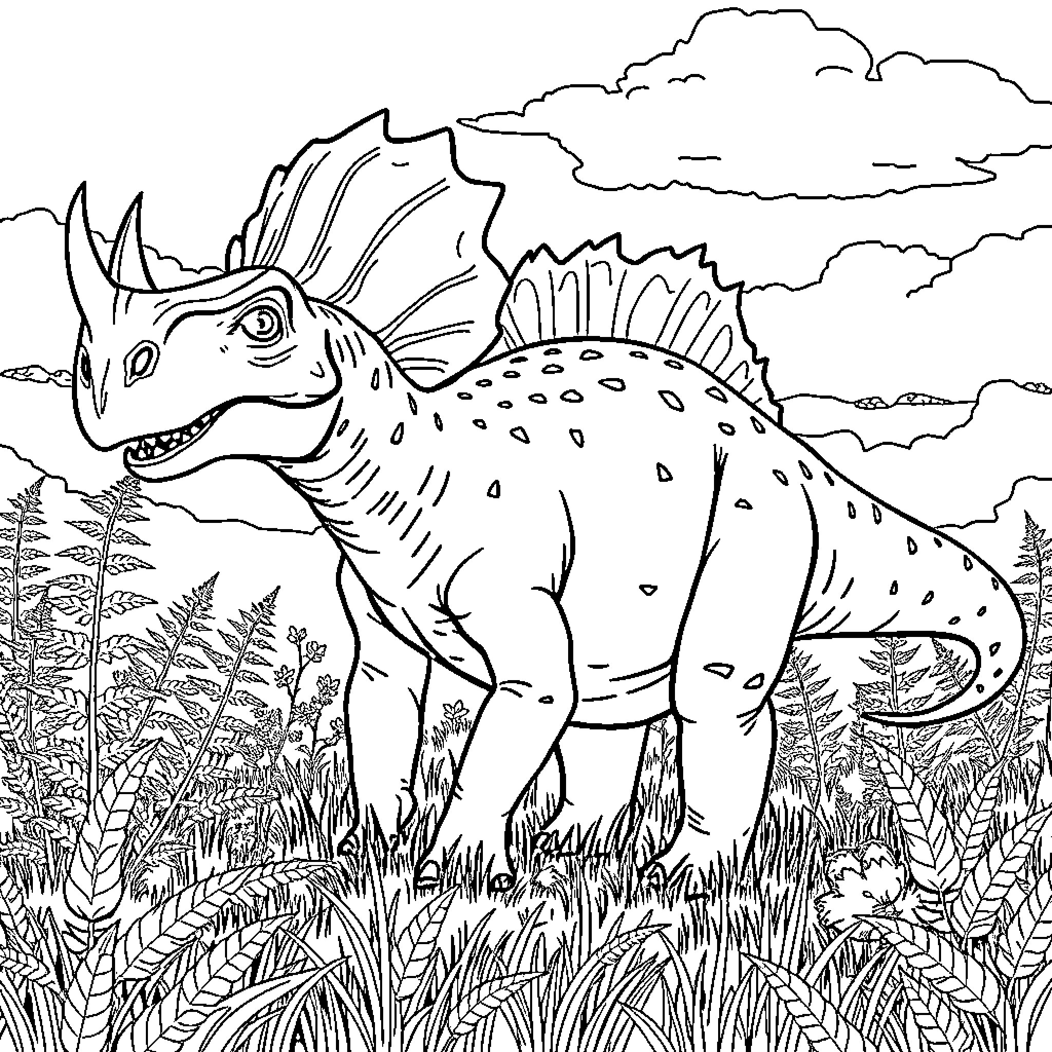 Styracosaurus exploring the prehistoric landscape Coloring Page (free black-and-white line drawing printable PDF for all, from beginners to advanced learners, including children, teens, adults, and seniors)