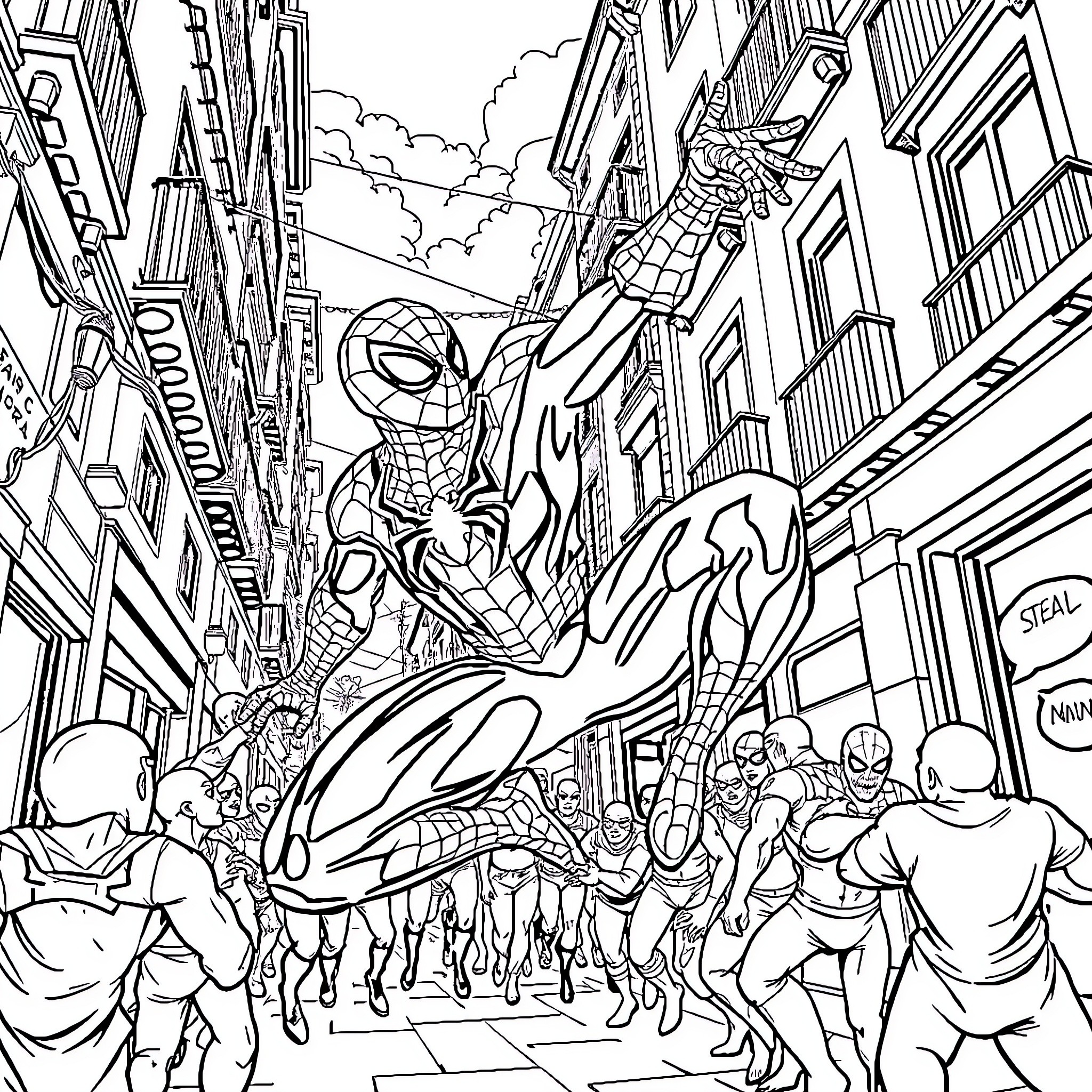 Spider-Man swinging through the city streets Coloring Page (free black-and-white line drawing printable PDF for all, from beginners to advanced learners, including children, teens, adults, and seniors)