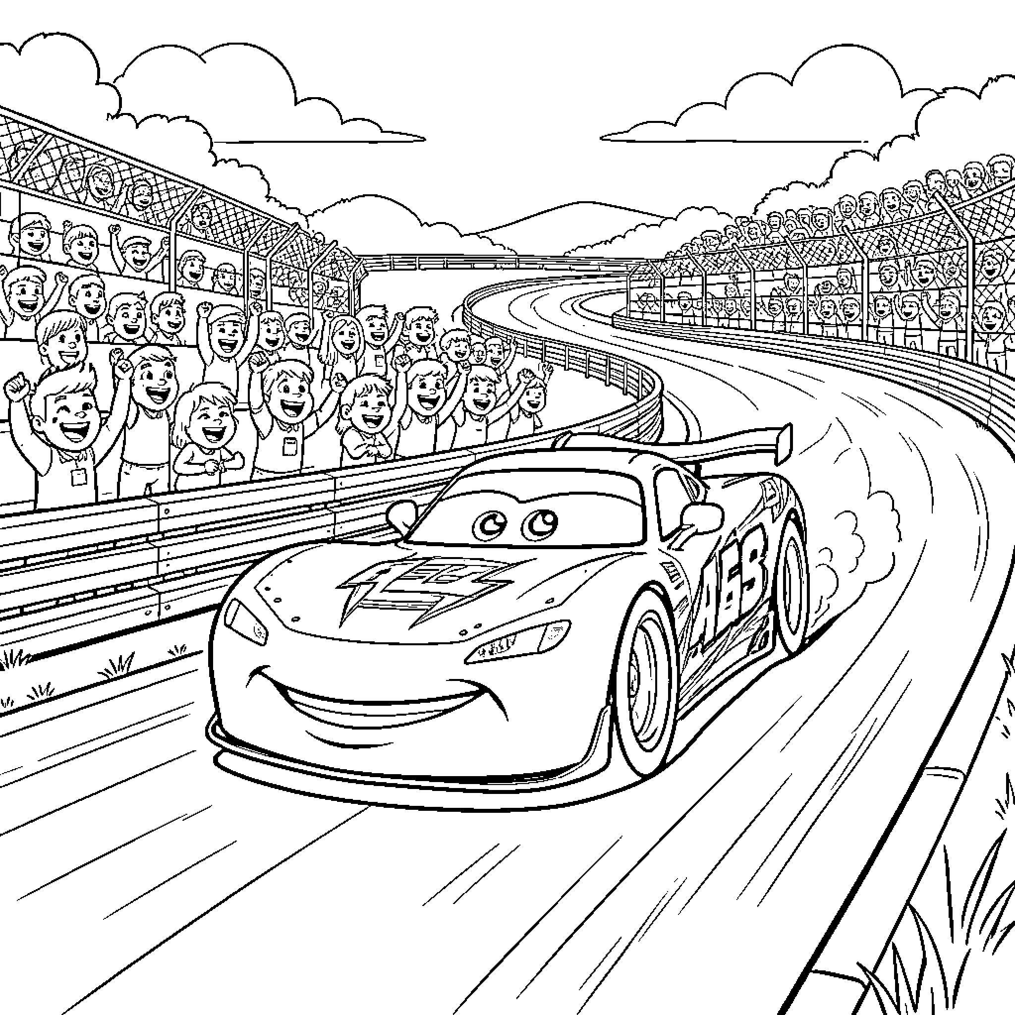 Flash McQueen racing fast past a cheering crowd Coloring Page (free black-and-white line drawing printable PDF for all, from beginners to advanced learners, including children, teens, adults, and seniors)