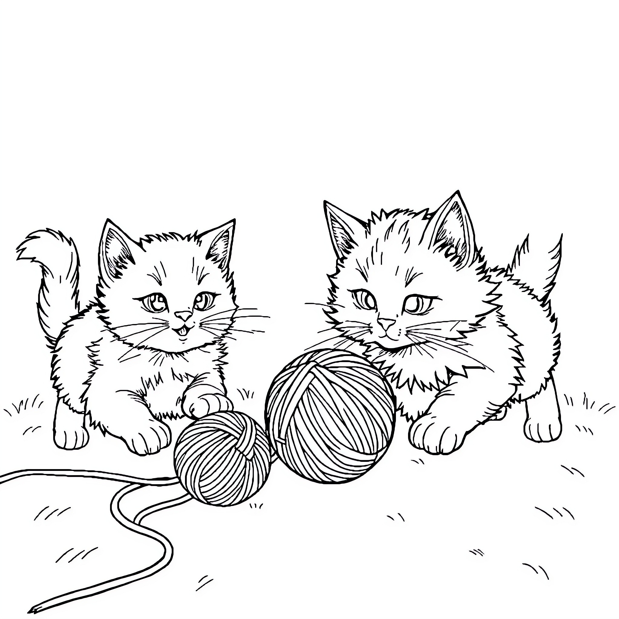 Cat kittens playing with yarn balls Coloring Page (free black-and-white line drawing printable PDF for all, from beginners to advanced learners, including children, teens, adults, and seniors)