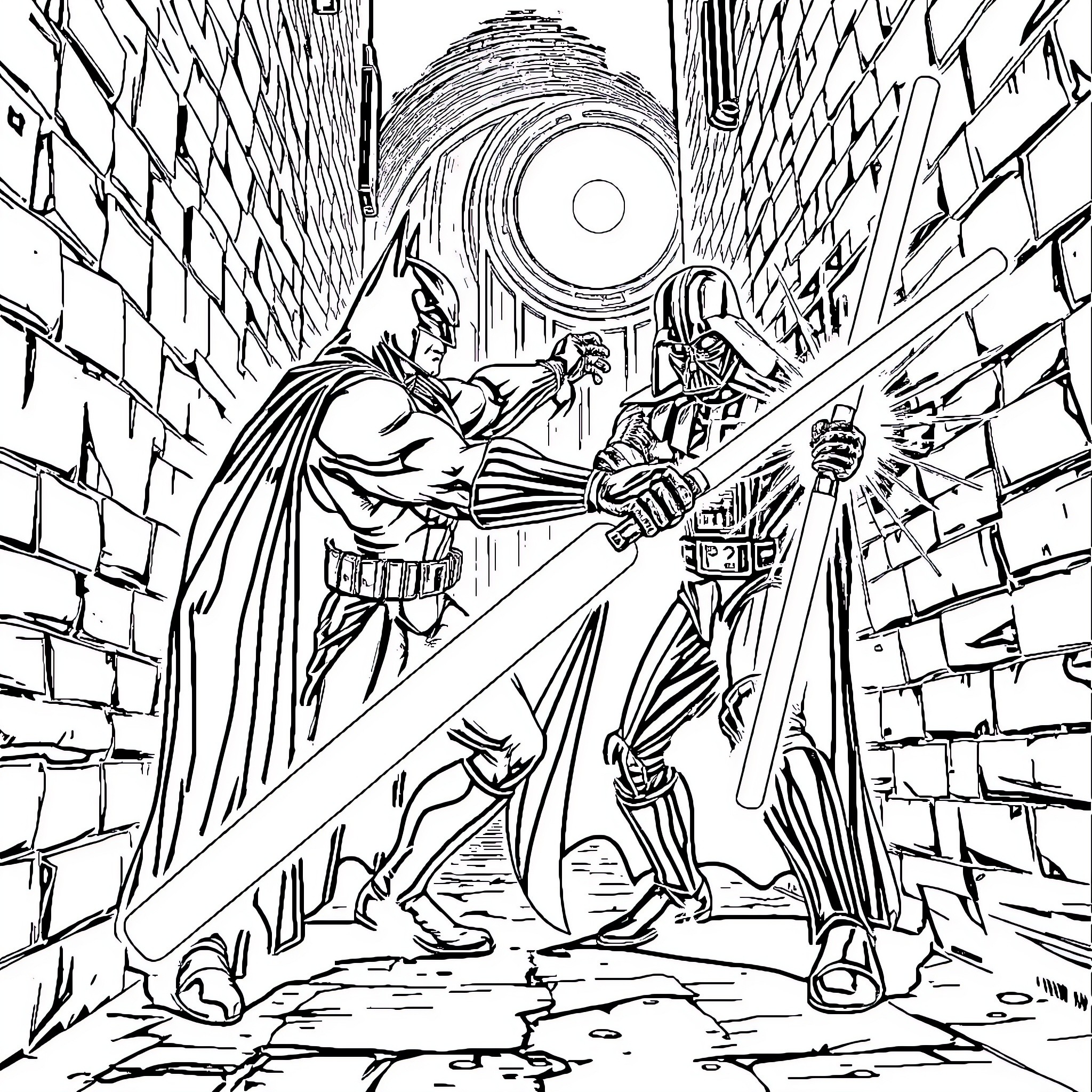 Batman confronting a formidable adversary in an intense battle Coloring Page (free black-and-white line drawing printable PDF for all, from beginners to advanced learners, including children, teens, adults, and seniors)