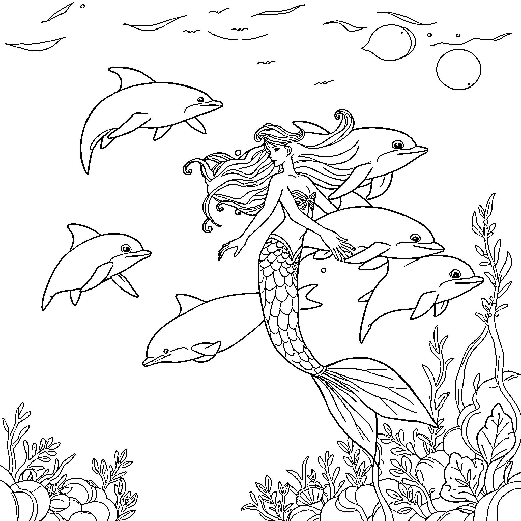 Mermaid surrounded by playful dolphins in the ocean Coloring Page (free black-and-white line drawing printable PDF for all, from beginners to advanced learners, including children, teens, adults, and seniors)