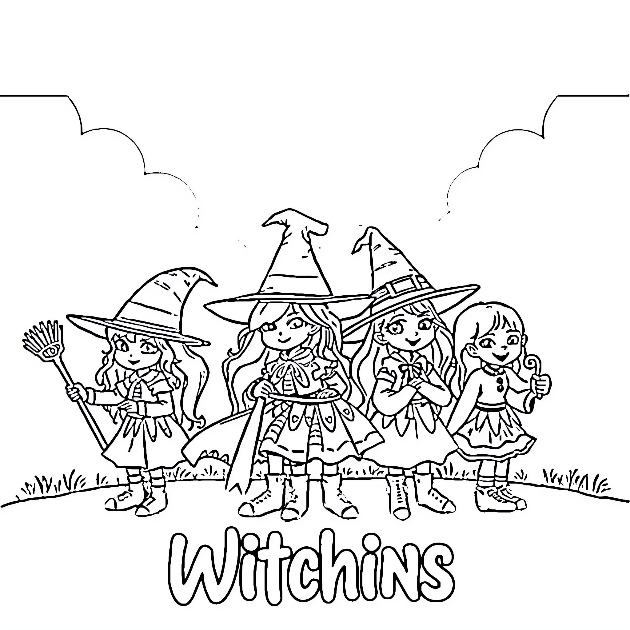Witchling friends having a gathering in the forest Coloring Page (free black-and-white line drawing printable PDF for all, from beginners to advanced learners, including children, teens, adults, and seniors)