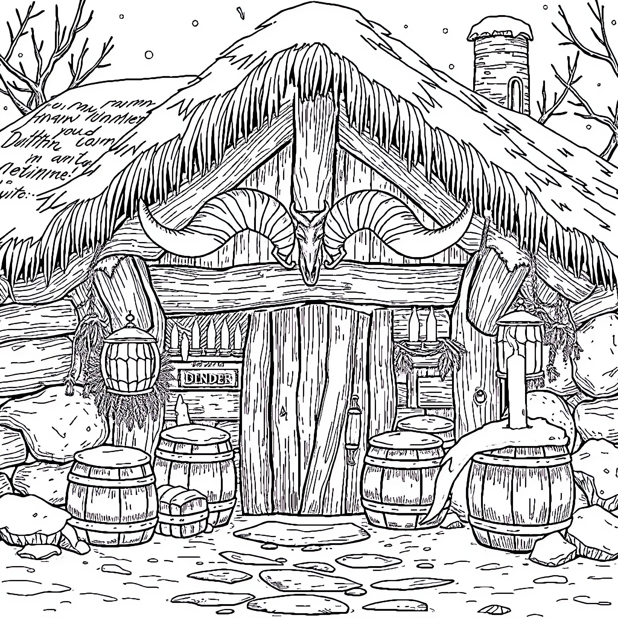 Tavern in the Winter Wonderland Coloring Page (free black-and-white line drawing printable PDF for all, from beginners to advanced learners, including children, teens, adults, and seniors)